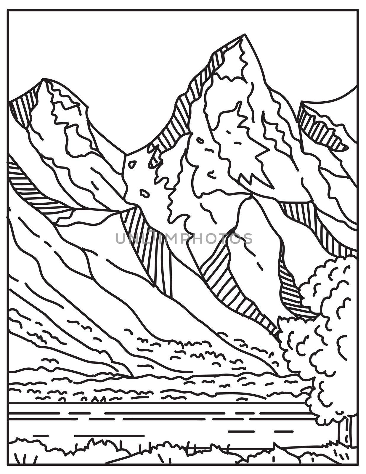 Jackson Hole or Jackson's Hole with the Teton Range in the Background Located in Wyoming United States Mono Line or Monoline Black and White Line Art by patrimonio