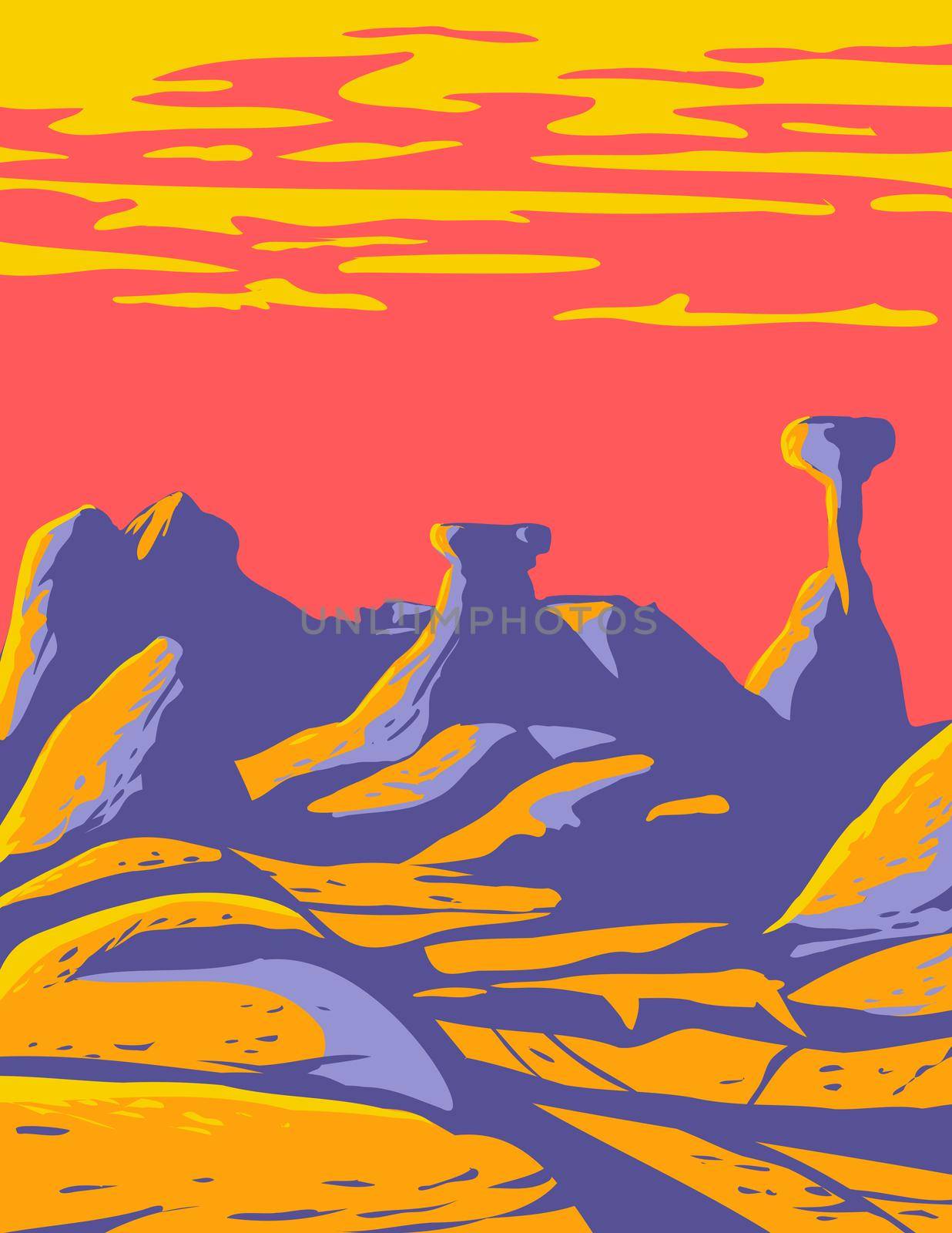 WPA poster art of toadstools at the Grand Staircase-Escalante National Monument located in southern Utah, United States done in works project administration style or federal art project style.
