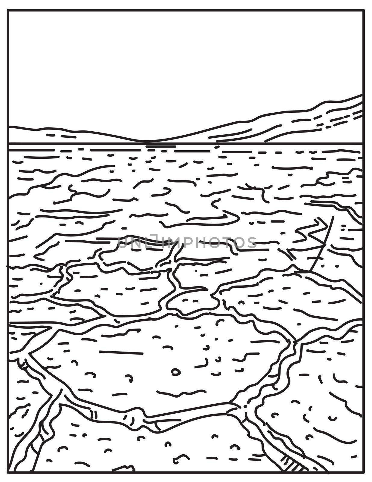 Mono line illustration of Badwater Basin in Death Valley National Park, Death Valley, Inyo County, California, United States of America done in retro black and white monoline line art style.