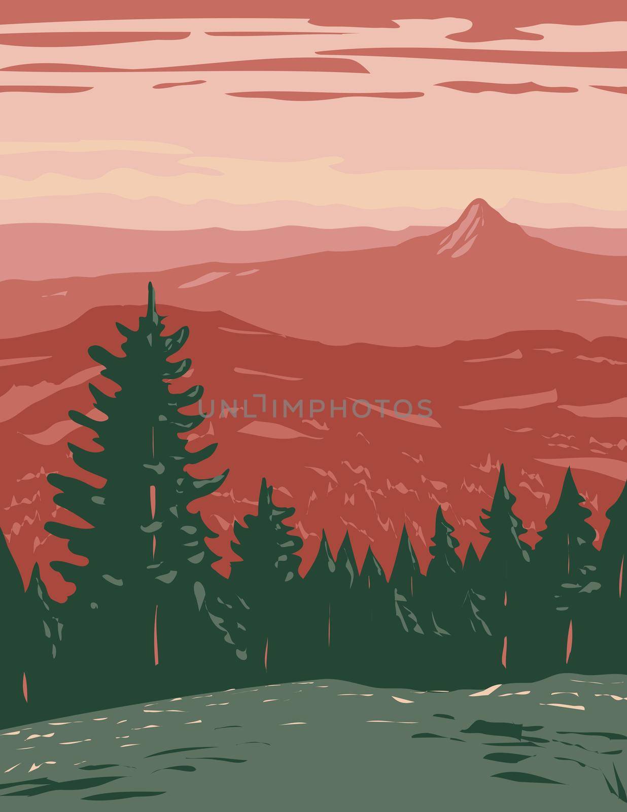 WPA poster art of Siskiyou Mountains located in Cascade-Siskiyou National Monument in Southwestern Oregon USA done in works project administration style or federal art project style.