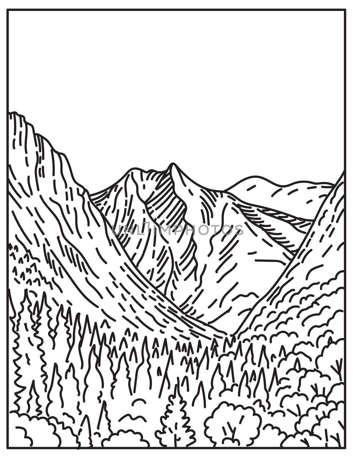 Kings Canyon from Paradise Valley in Kings Canyon National Park within Sierra Nevada California United States Mono Line or Monoline Black and White Line Art by patrimonio