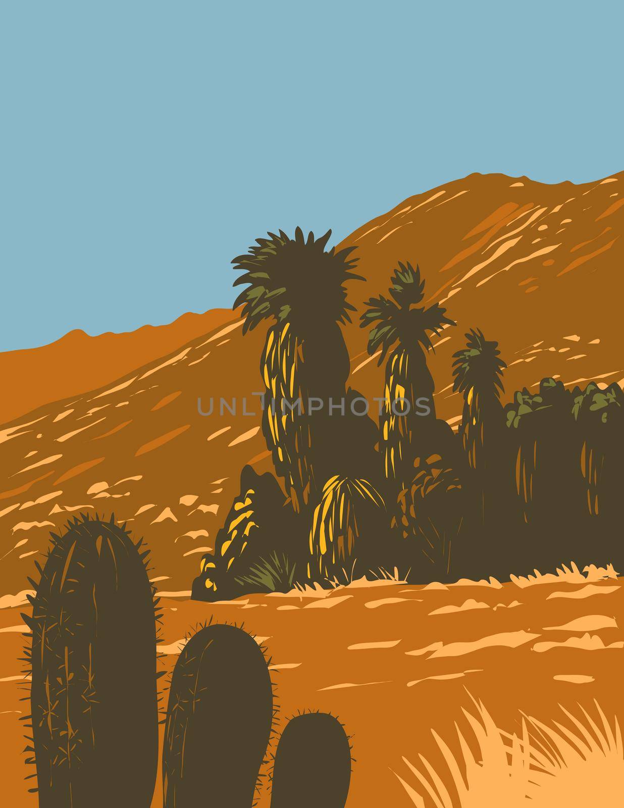 Cactus and Desert Fan Palm Growing in Santa Rosa and San Jacinto Mountains National Monument in Palm Desert California  United States WPA Poster Art by patrimonio