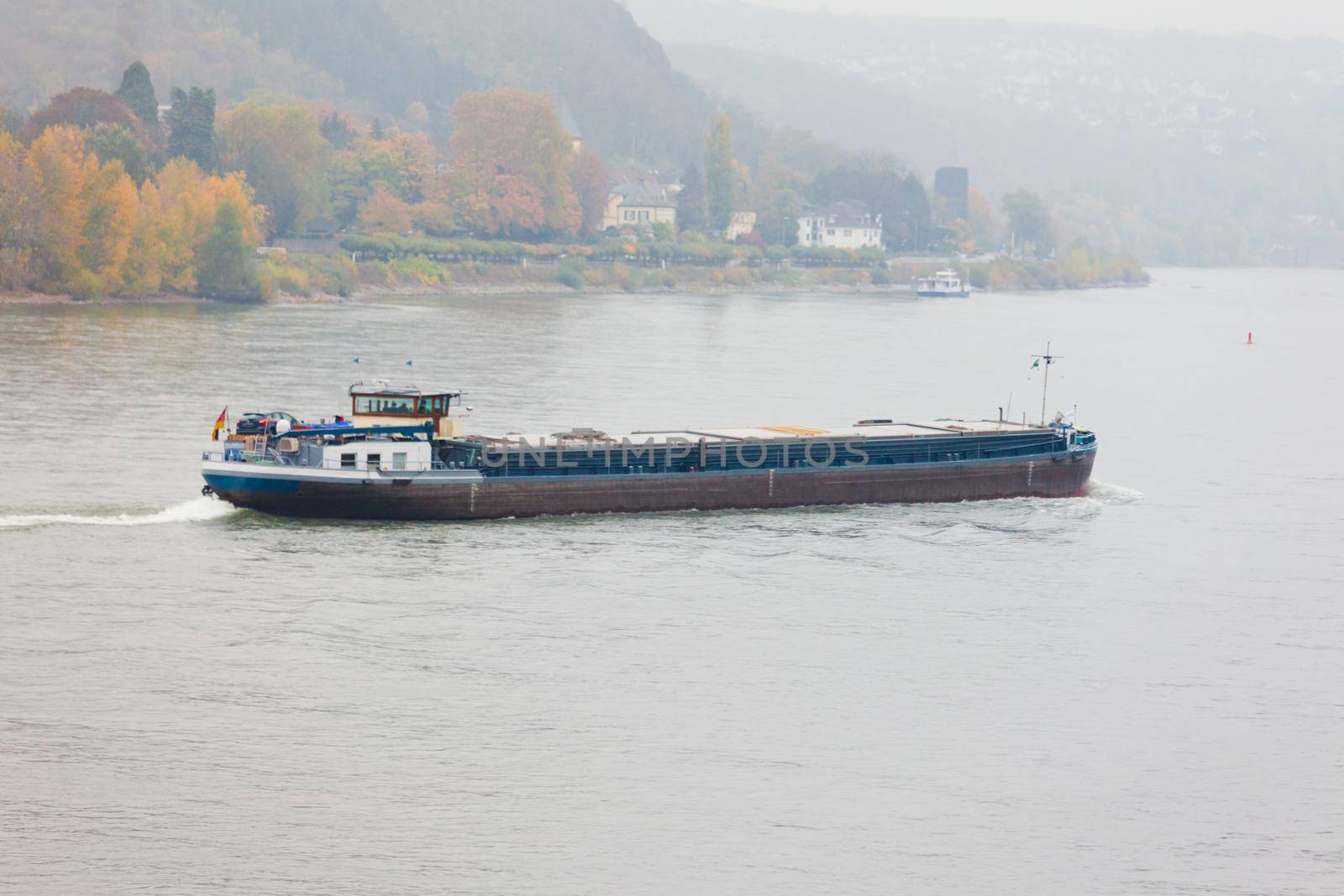 Inland cargo vessel barge on waterway river Rhine with autumn fall colored landscape on shore, North Rhine-Westphalia, Germany, Europe