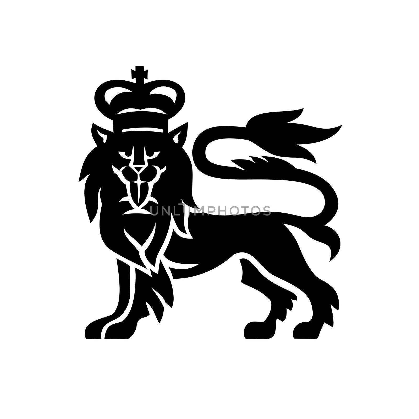 Military badge illustration of English or British lion wearing a royal crown viewed from side looking to front on isolated white background done in black and white retro style.