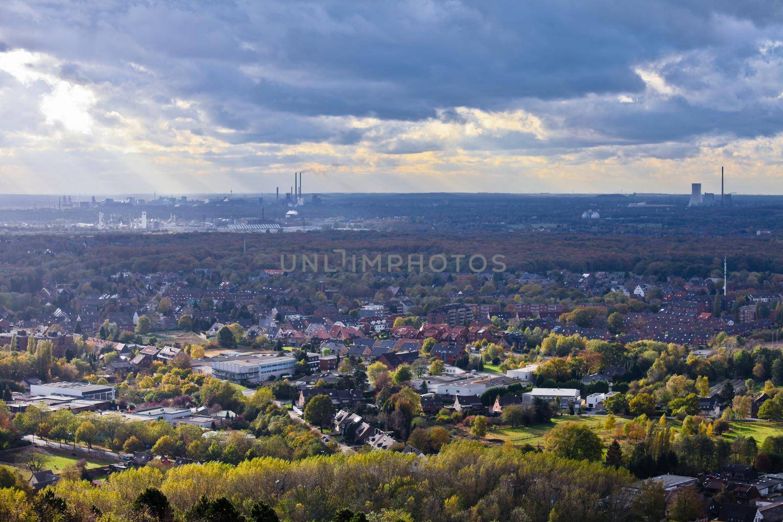 residential urban area of Oberhausen Germany Europe with heavy industry of the Ruhr Area, Ruhrgebiet, in background