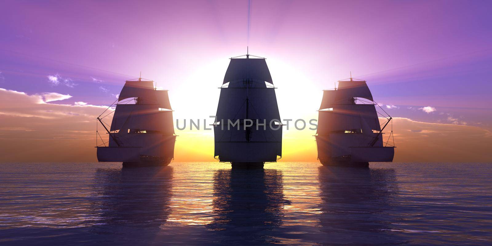 old three ships sunset at sea, 3d rendering by alex_nako