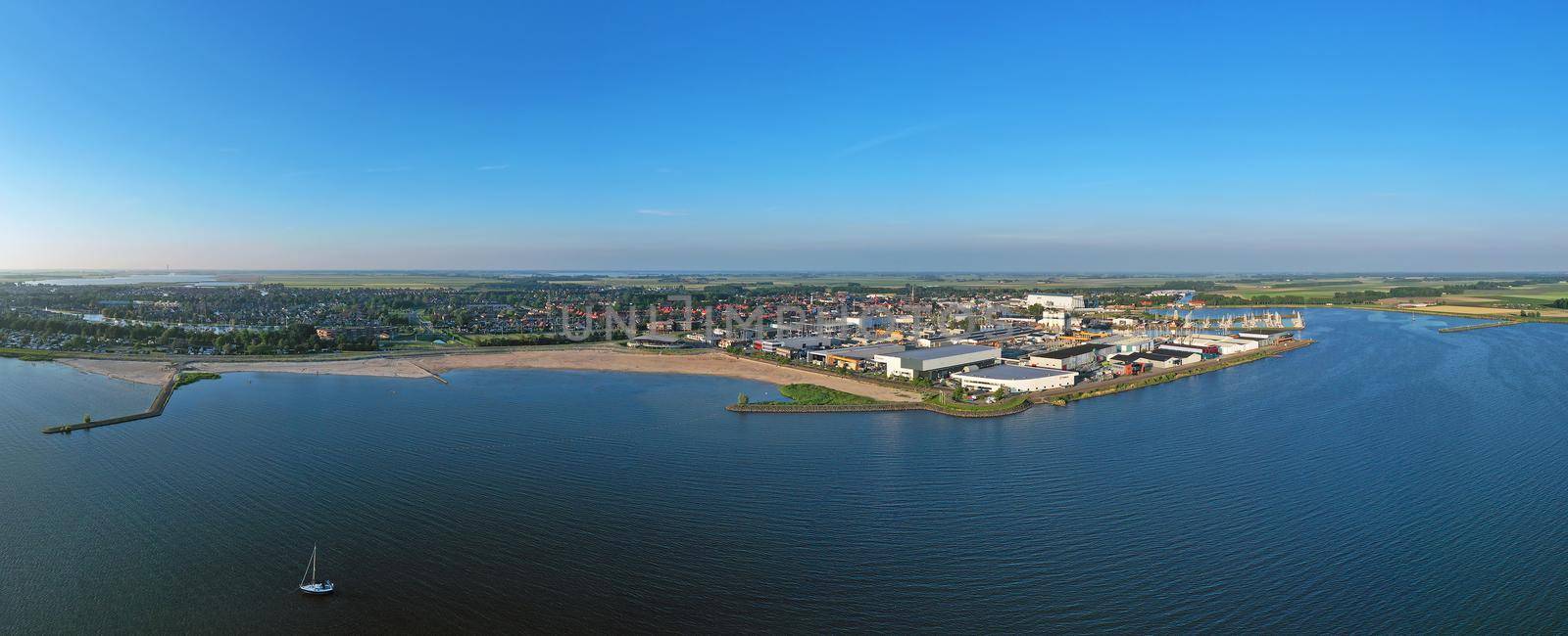 Aerial panorama from Lemmer in the Netherlands at sunset