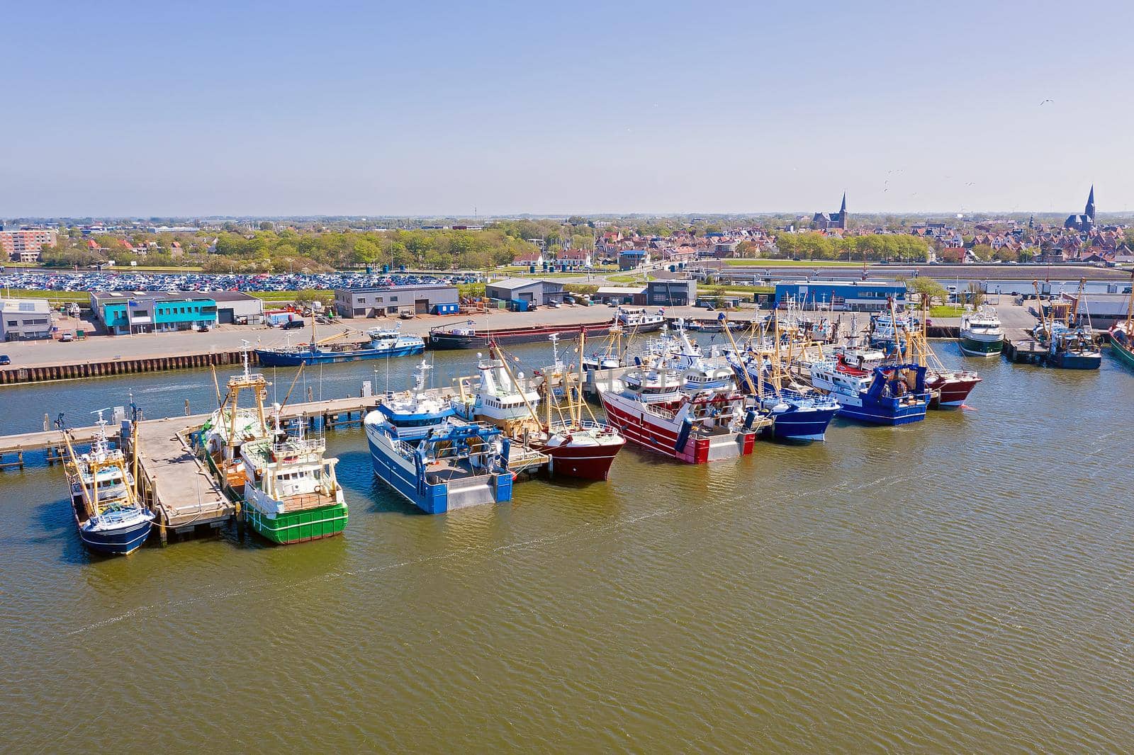 Aerial from the fishing harbor from Harlingen in the Netherlands