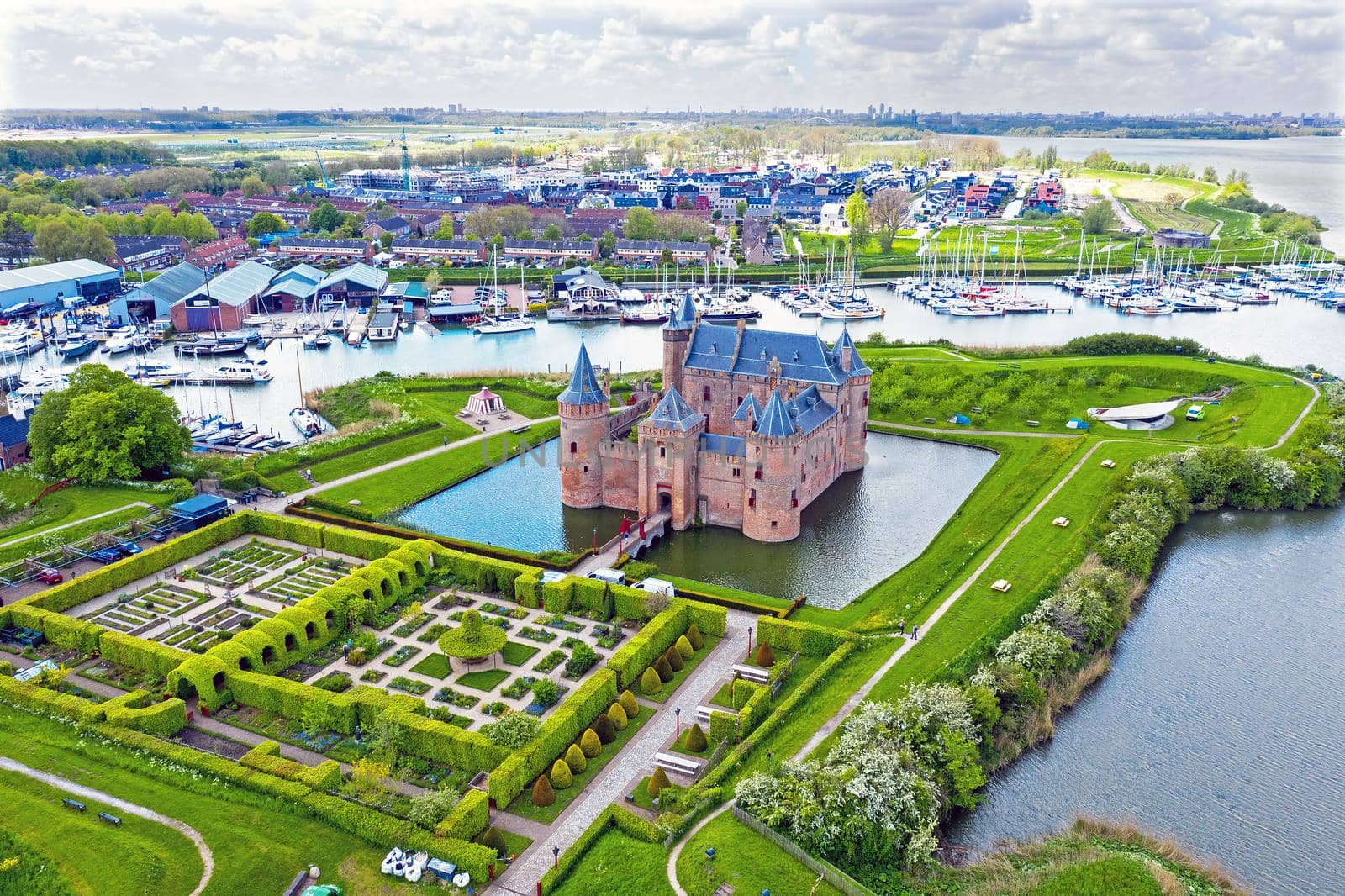 Aerial from the medieval Muiderslot castle at the IJsselmeer in the Netherlands by devy