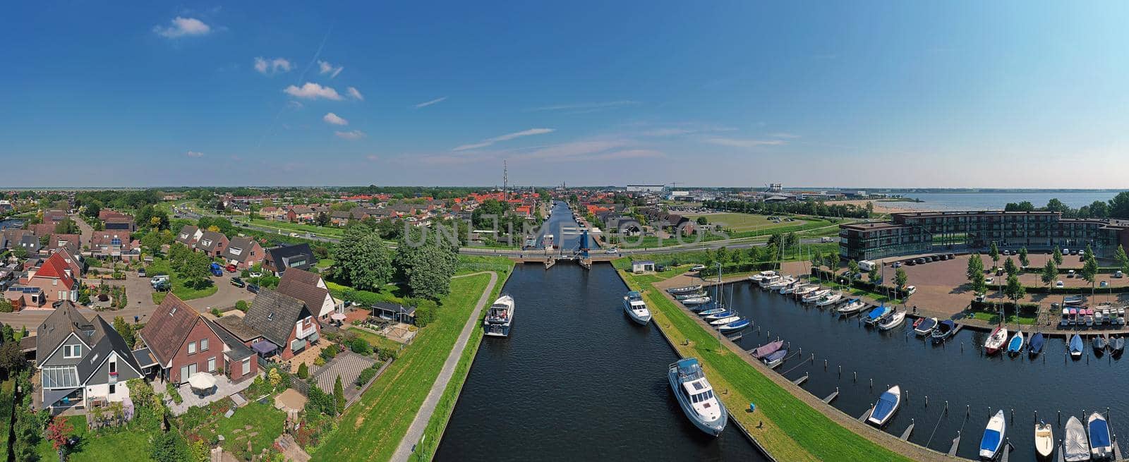 Aerial panorama from the city Lemmer at the IJsselmeer in the Netherlands