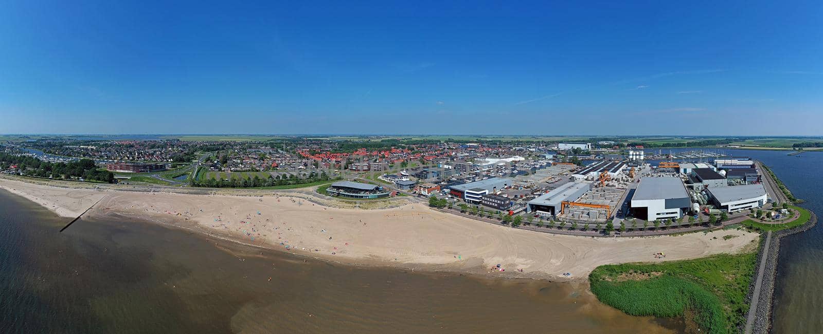 Aerial panorama from the beach and the city Lemmer at the IJsselmeer in the Netherlands