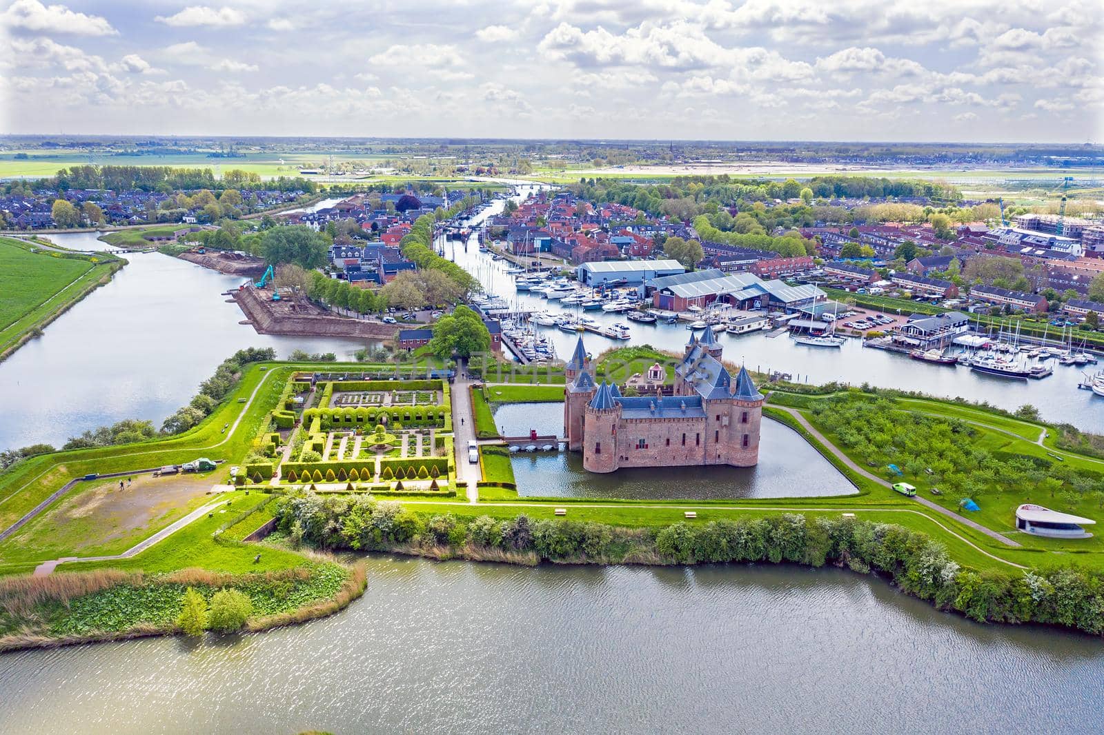 Aerial from the medieval Muiderslot castle at the IJsselmeer in the Netherlands