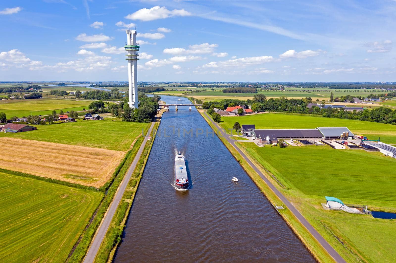 Aerial from a freighter on the Princess Margriet Canal near Lemmer in the Netherlands