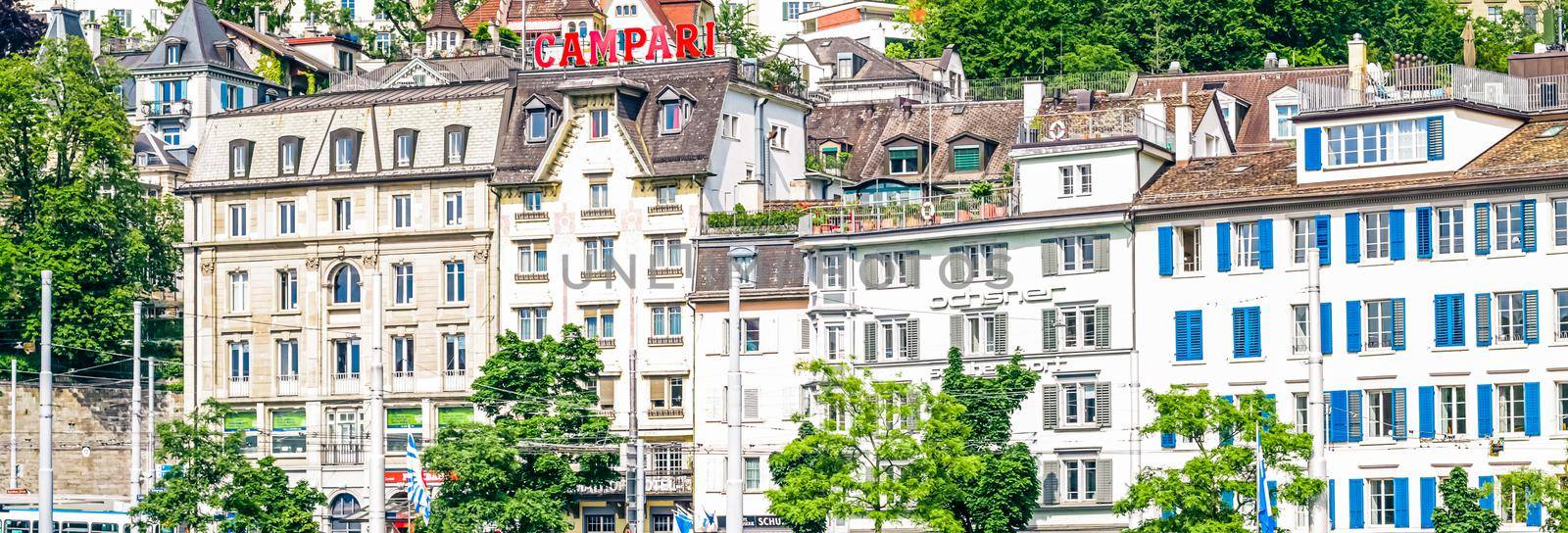 Zurich, Switzerland circa June 2021: Streets and historic Old Town buildings near main railway train station Zurich HB, Hauptbahnhof, Swiss architecture and travel destination