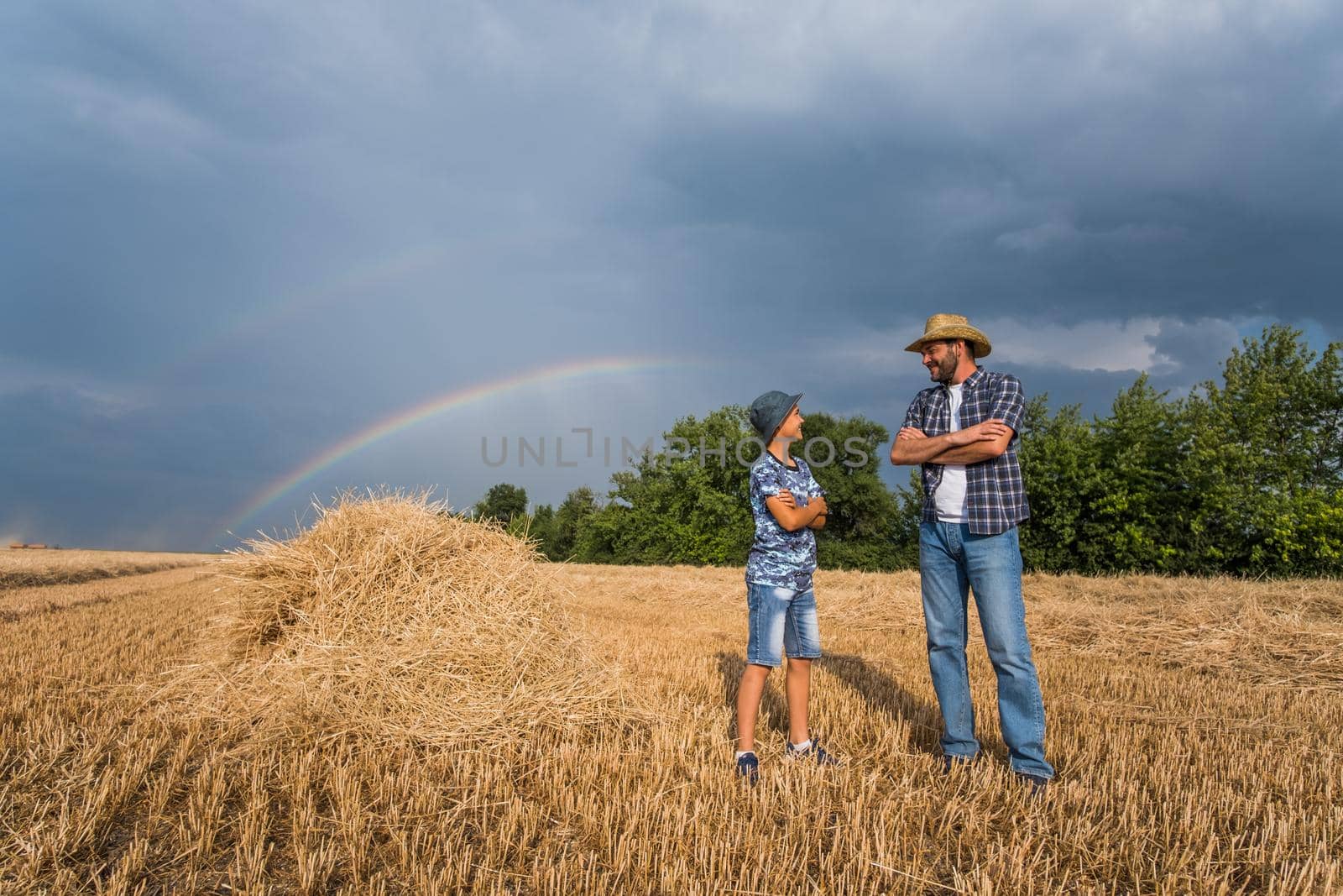 Father and son are standing in their wheat field after successful harvest. Rainbow in the sky behind them.