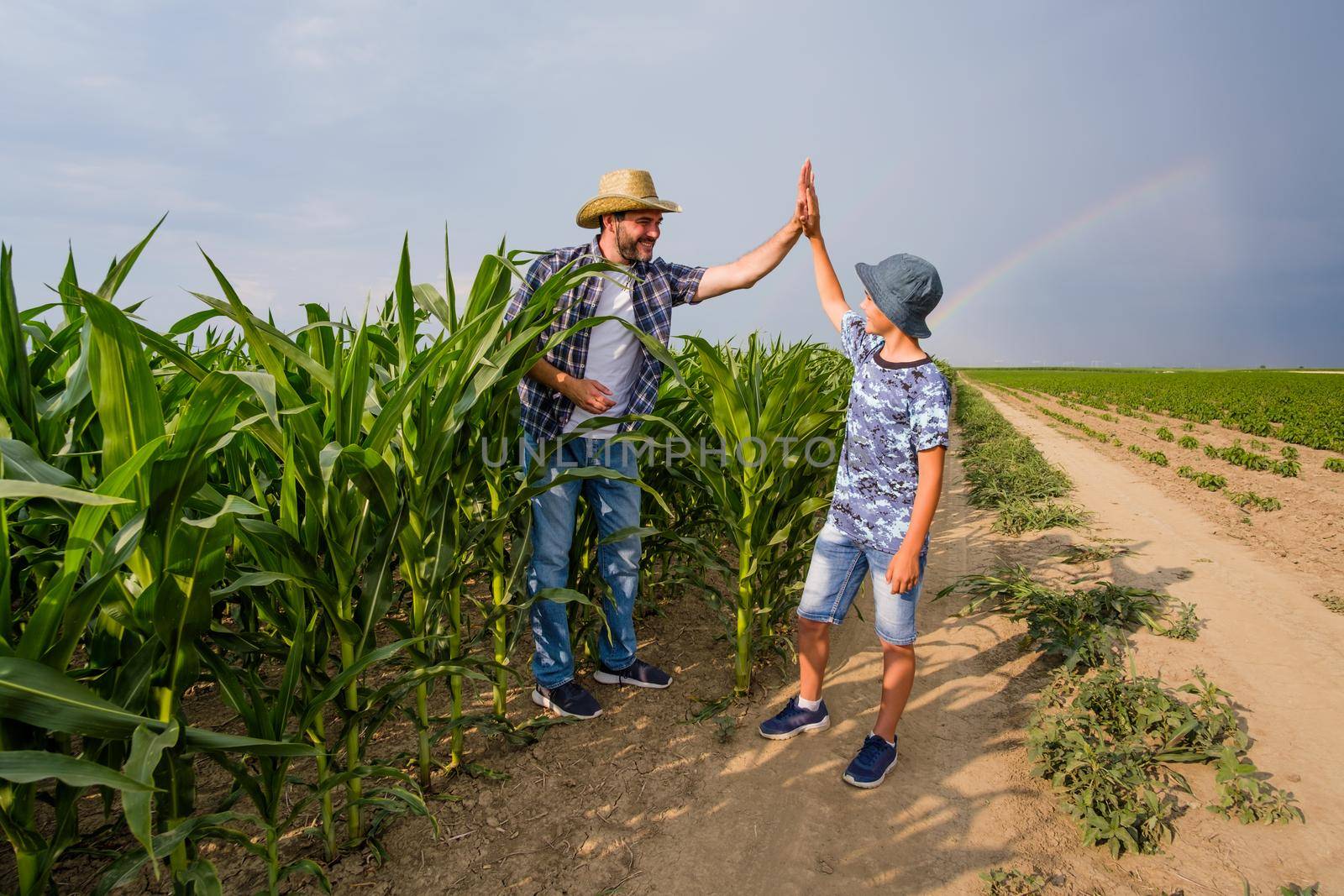 Father is teaching his son about cultivating corn. Corn plantation successfully sown. Farmers in agricultural field.