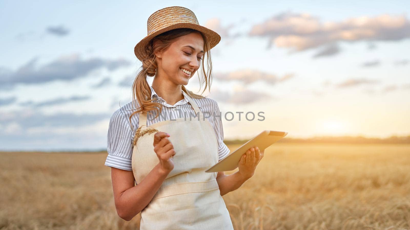 Female agronomist specialist research monitoring analysis data agribusiness Woman farmer straw hat smart farming standing farmland smiling using digital tablet Caucasian worker agricultural field