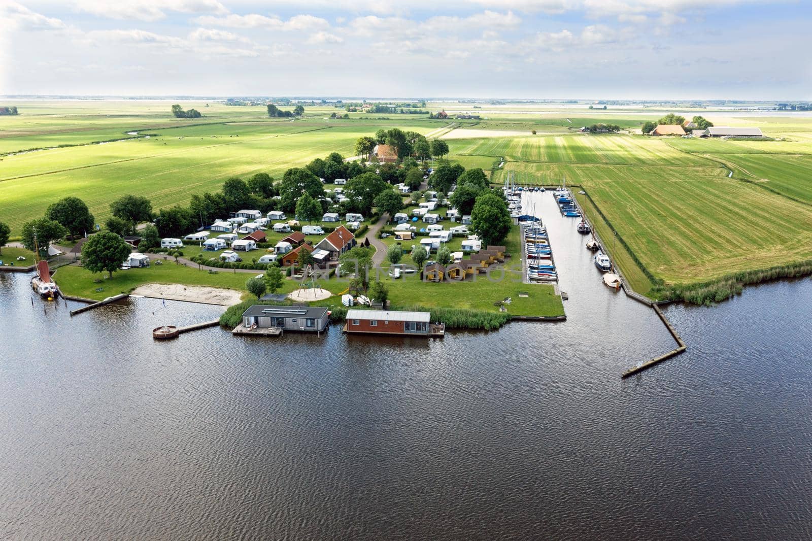 Aerial view on little harbor from Oudega in the Netherlands