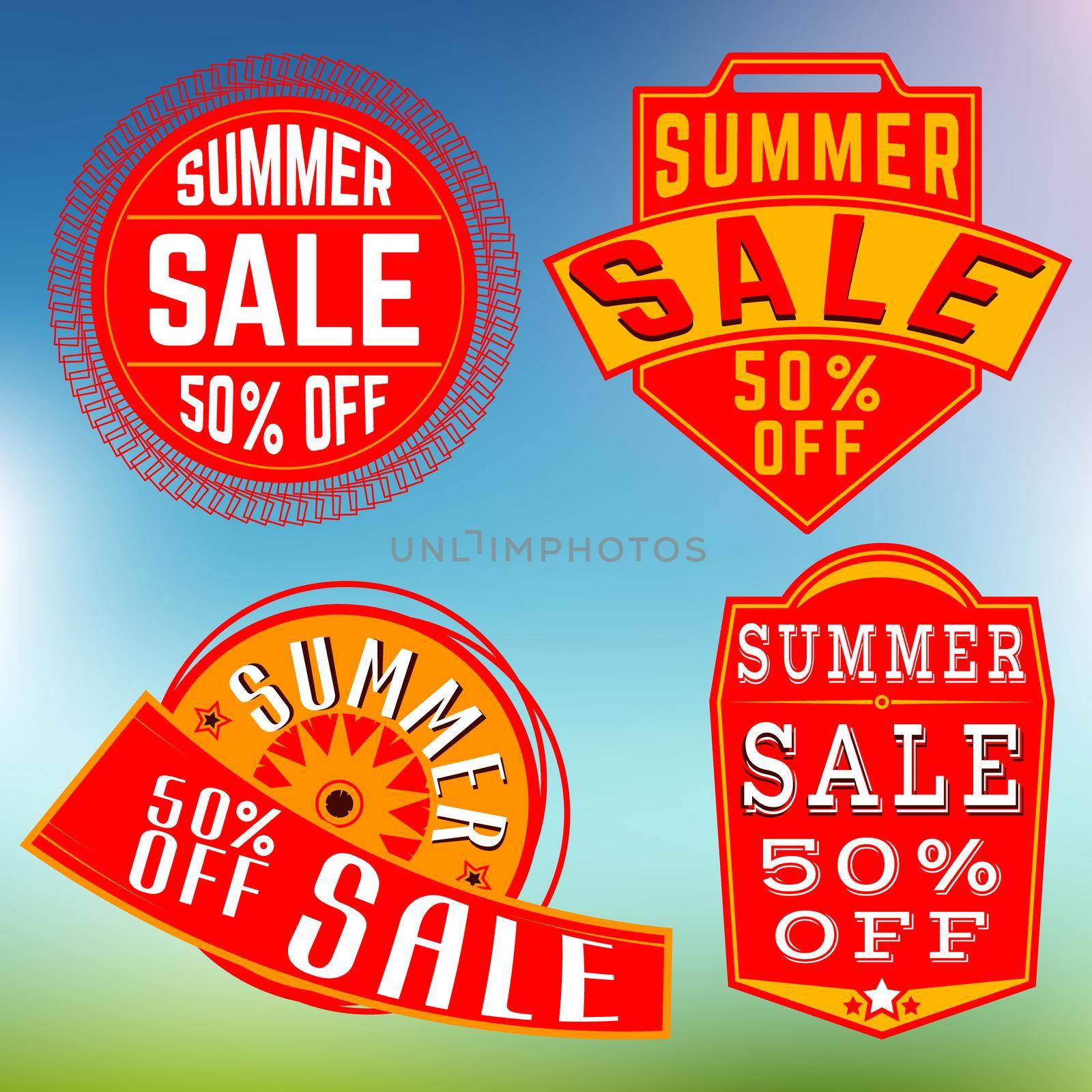 Set of summer sale stamps, insignias. Vector illustration.