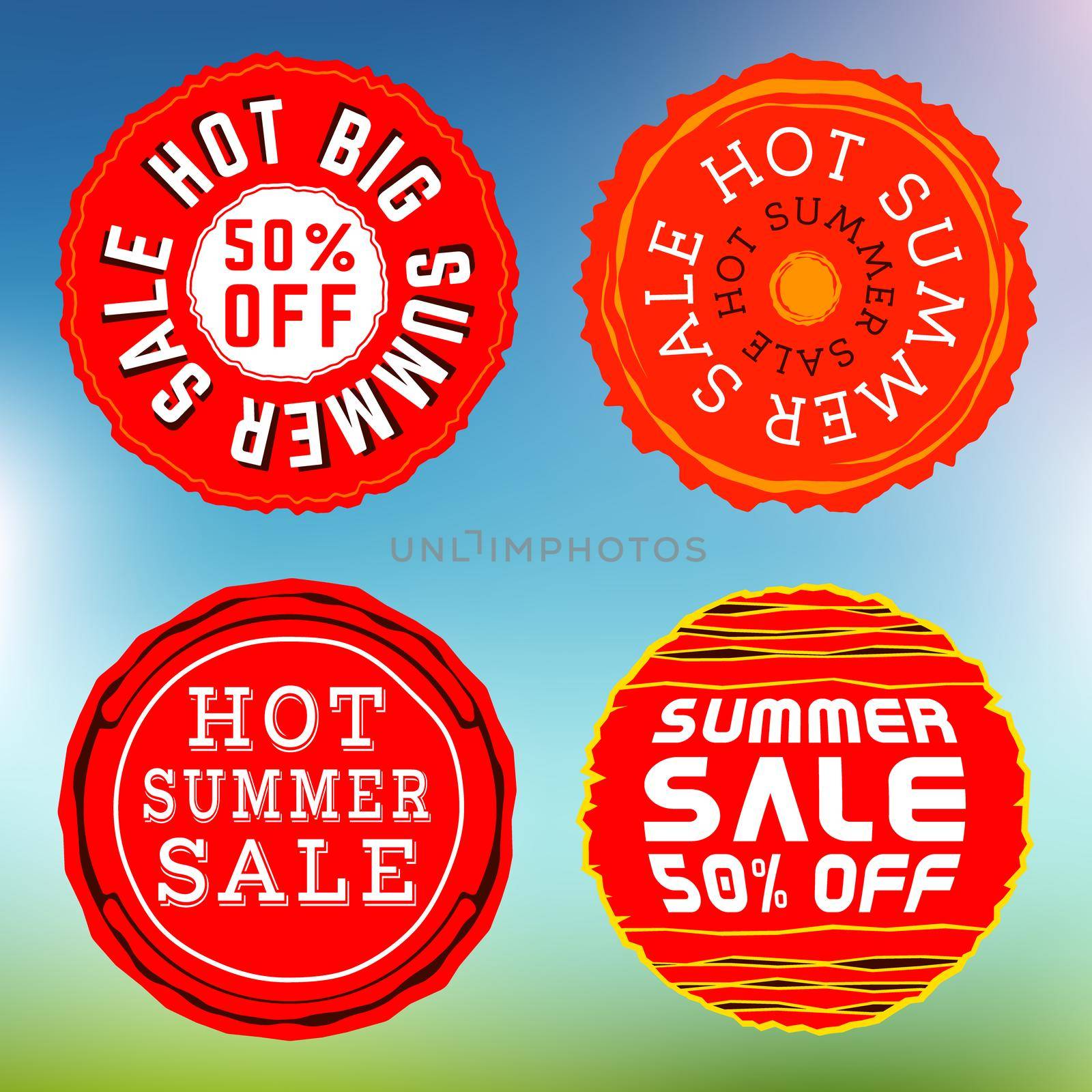 Set of summer sale stamps, insignias. Vector illustration.