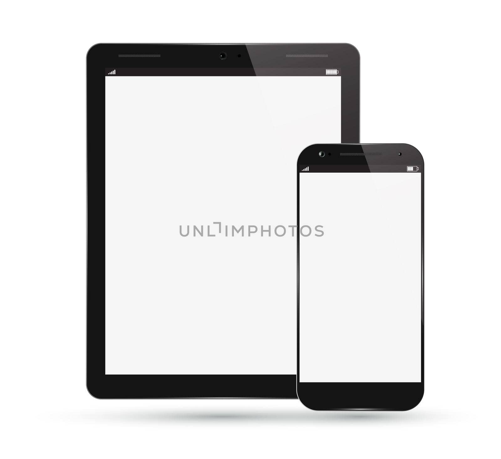 Tablet PC Computer with Smart Phone. Realistic Modern Mobile Pad. Digital Vector Design. Isolated on White Background.