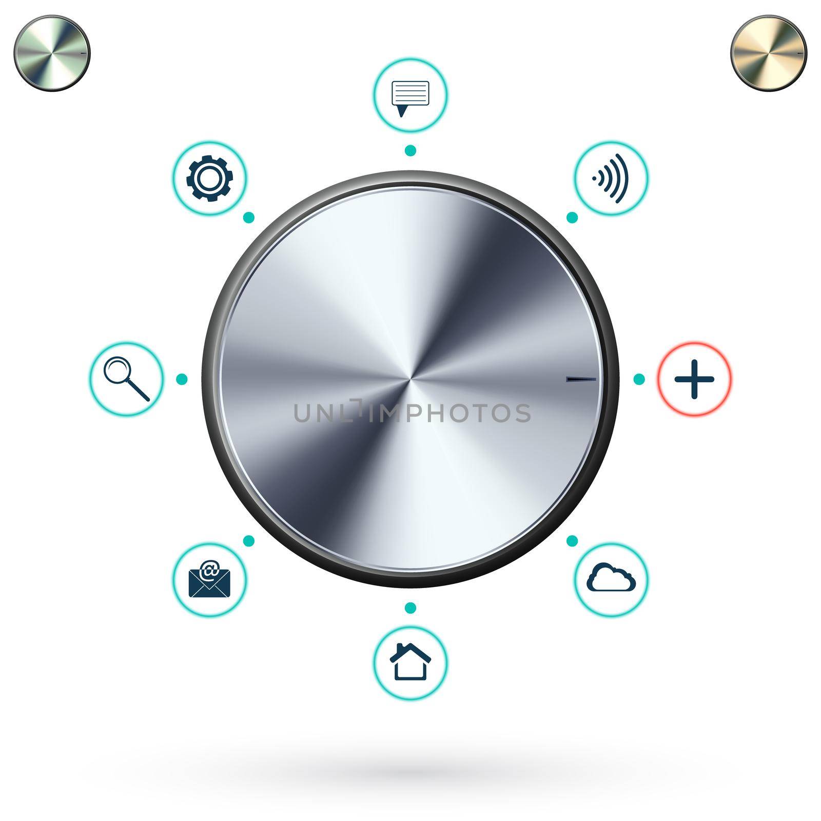 Metallic Button on white background. Knob with Various Social Media icons. Vector illustration.
