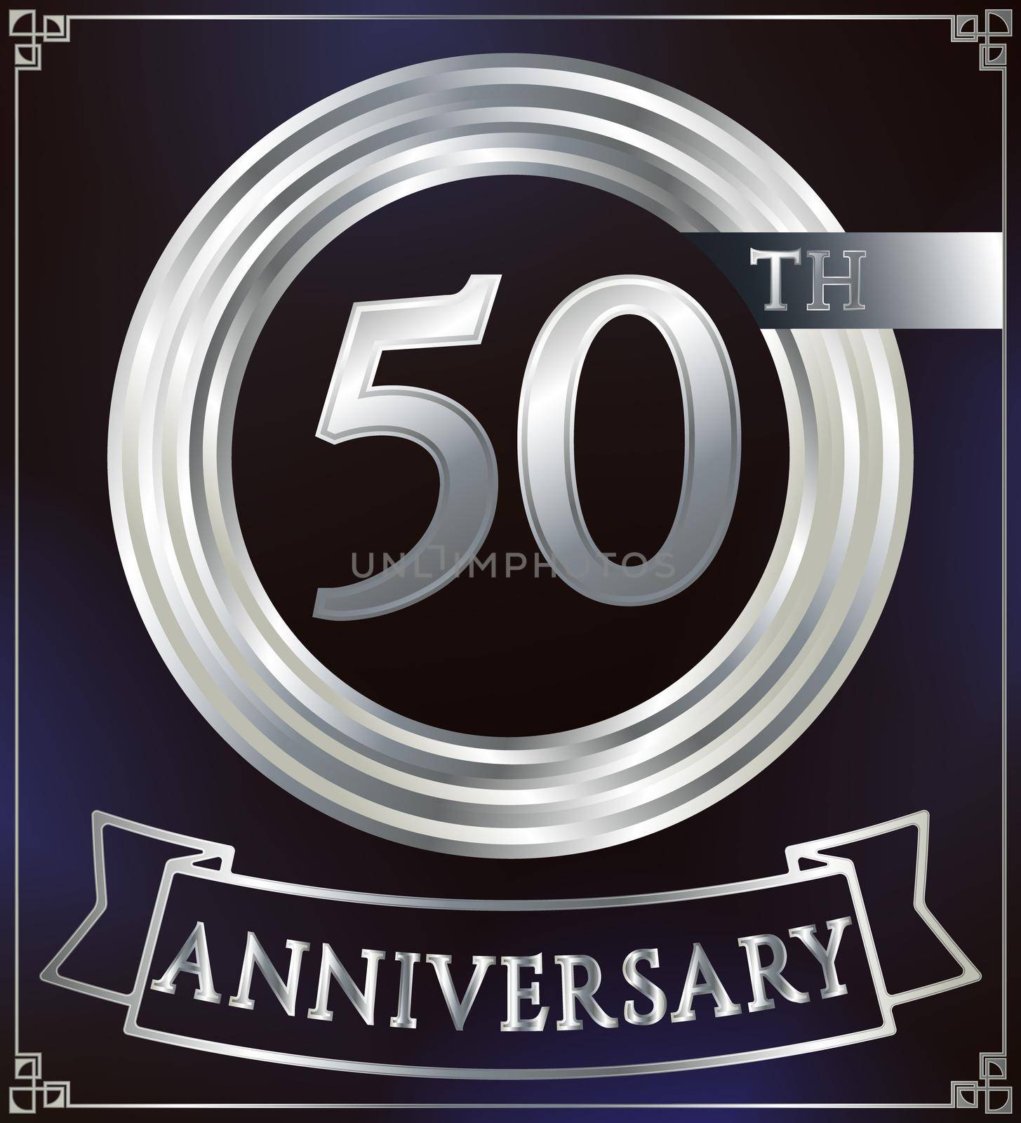 Anniversary silver ring logo number 50. Anniversary card with ribbon. Blue background. Vector illustration.