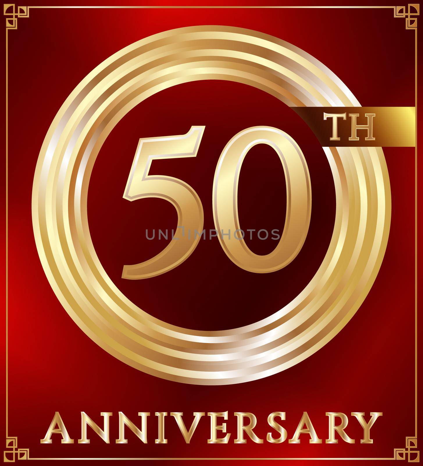 Anniversary gold ring logo number 50. Anniversary card. Red background. Vector illustration.