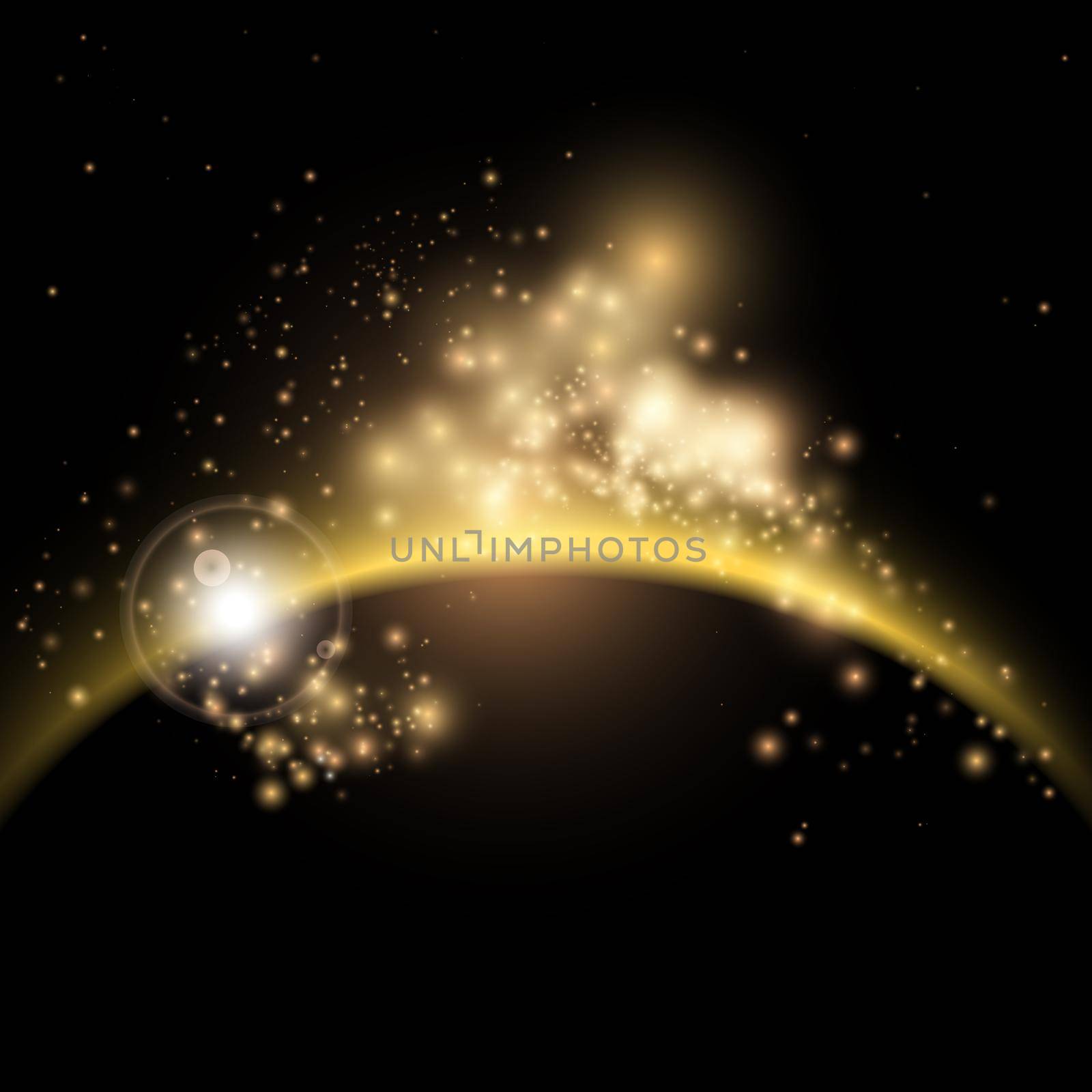 Solar sunrise with stars background. Planet in space. Background with Glowing Stars for Brochures, Flyers, Posters, Greeting Cards. Vector illustration.