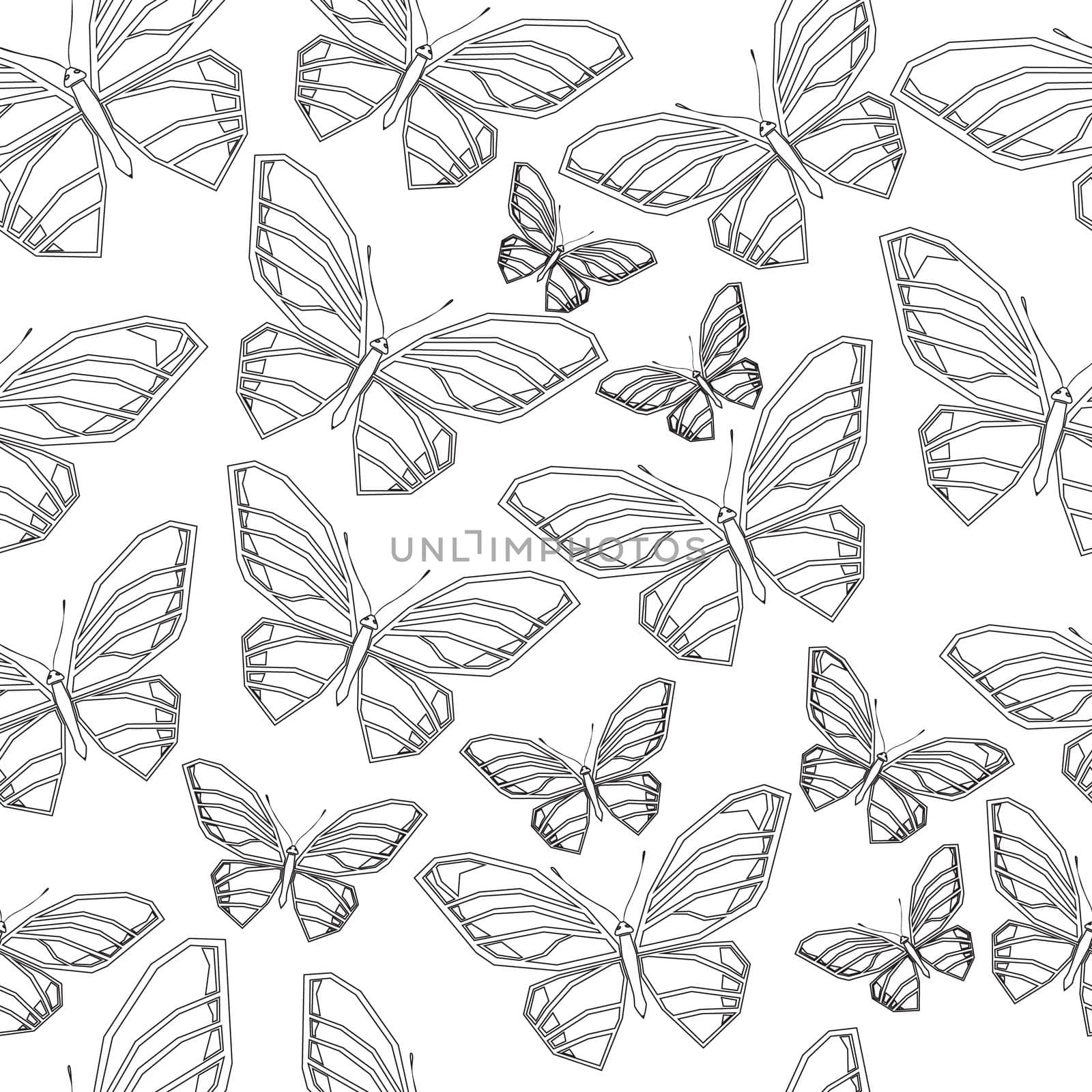 Seamless pattern of butterflies. Black and white vector illustration.