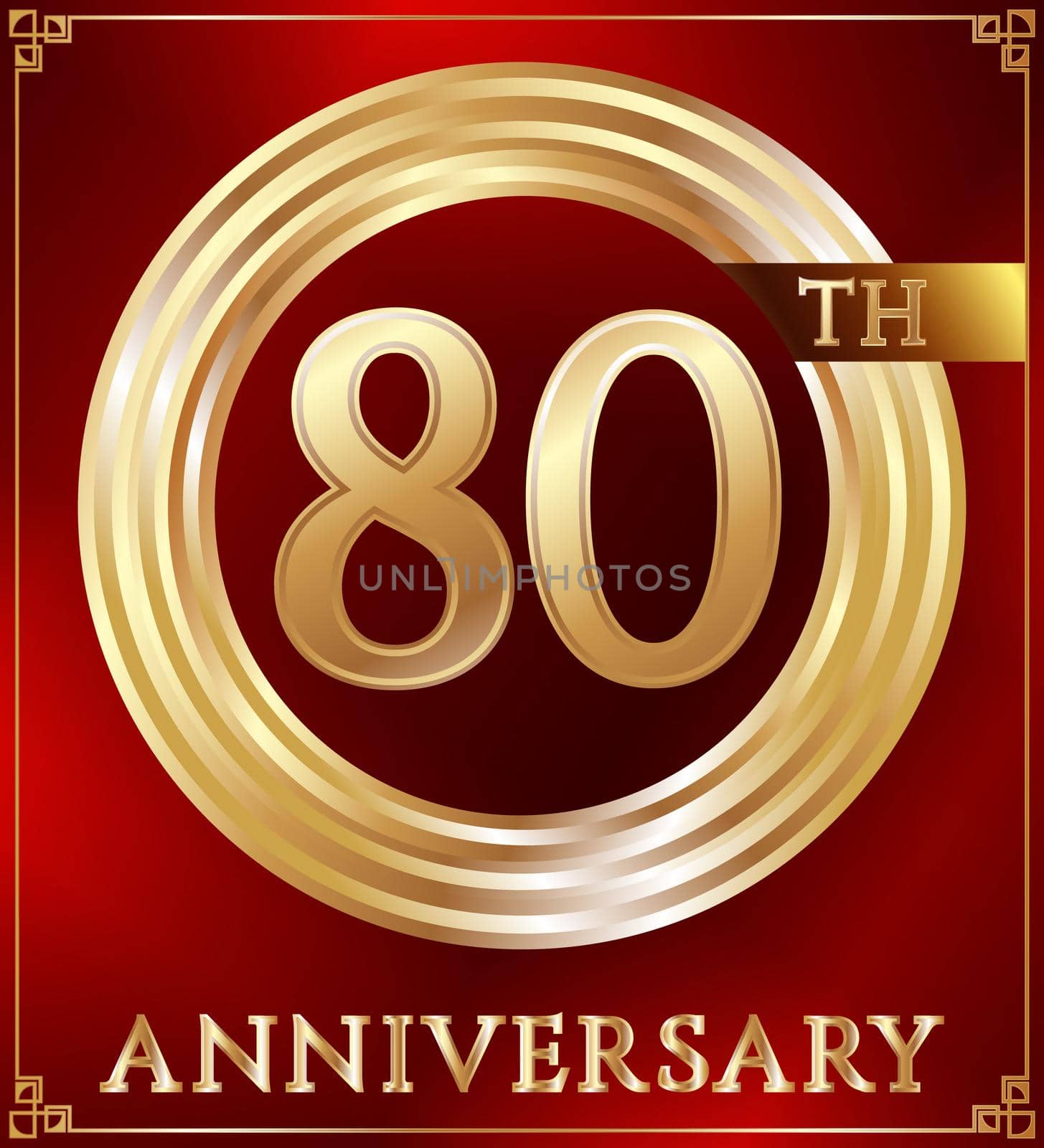 Anniversary gold ring logo number 80. Anniversary card. Red background. Vector illustration.