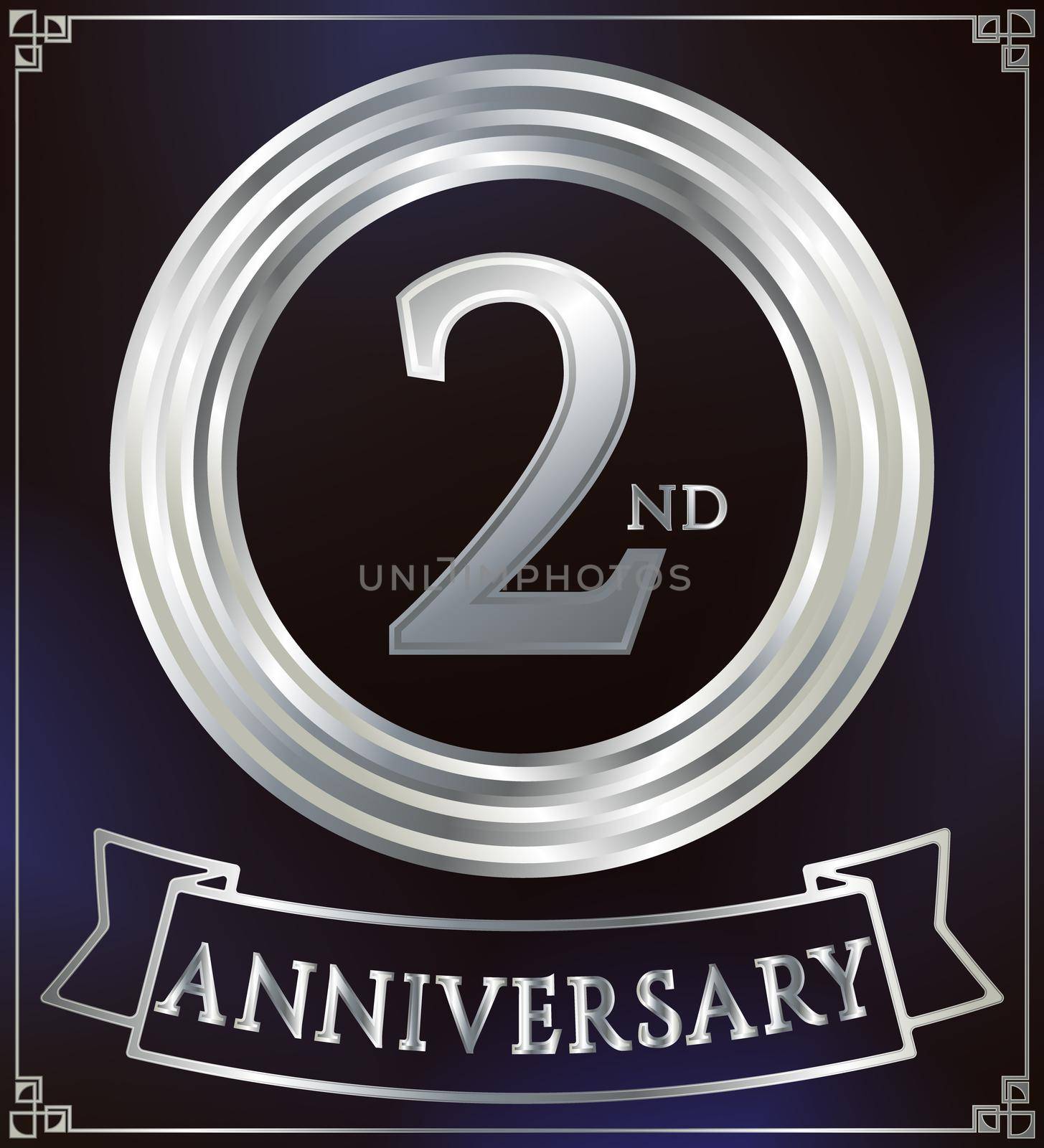 Anniversary silver ring logo number 2. Anniversary card with ribbon. Blue background. Vector illustration.