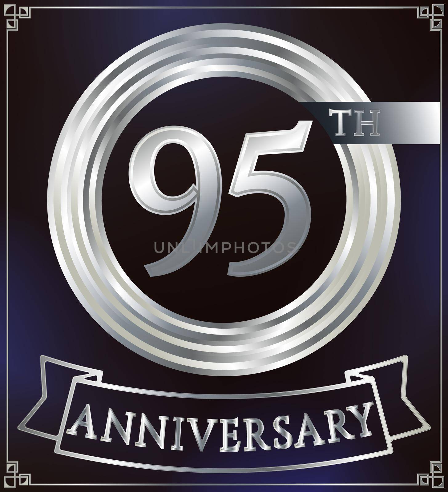 Anniversary silver ring logo number 95. Anniversary card with ribbon. Blue background. Vector illustration.