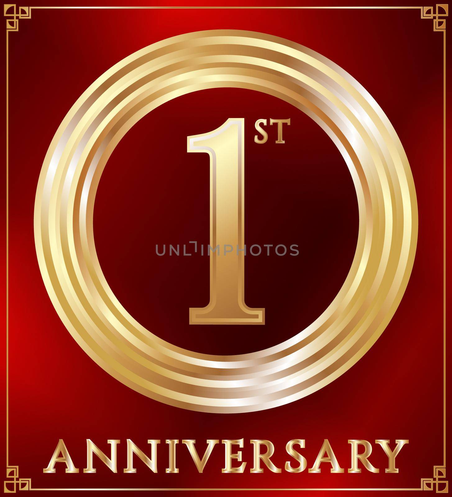 Anniversary gold ring logo number 1. Anniversary card. Red background. Vector illustration.