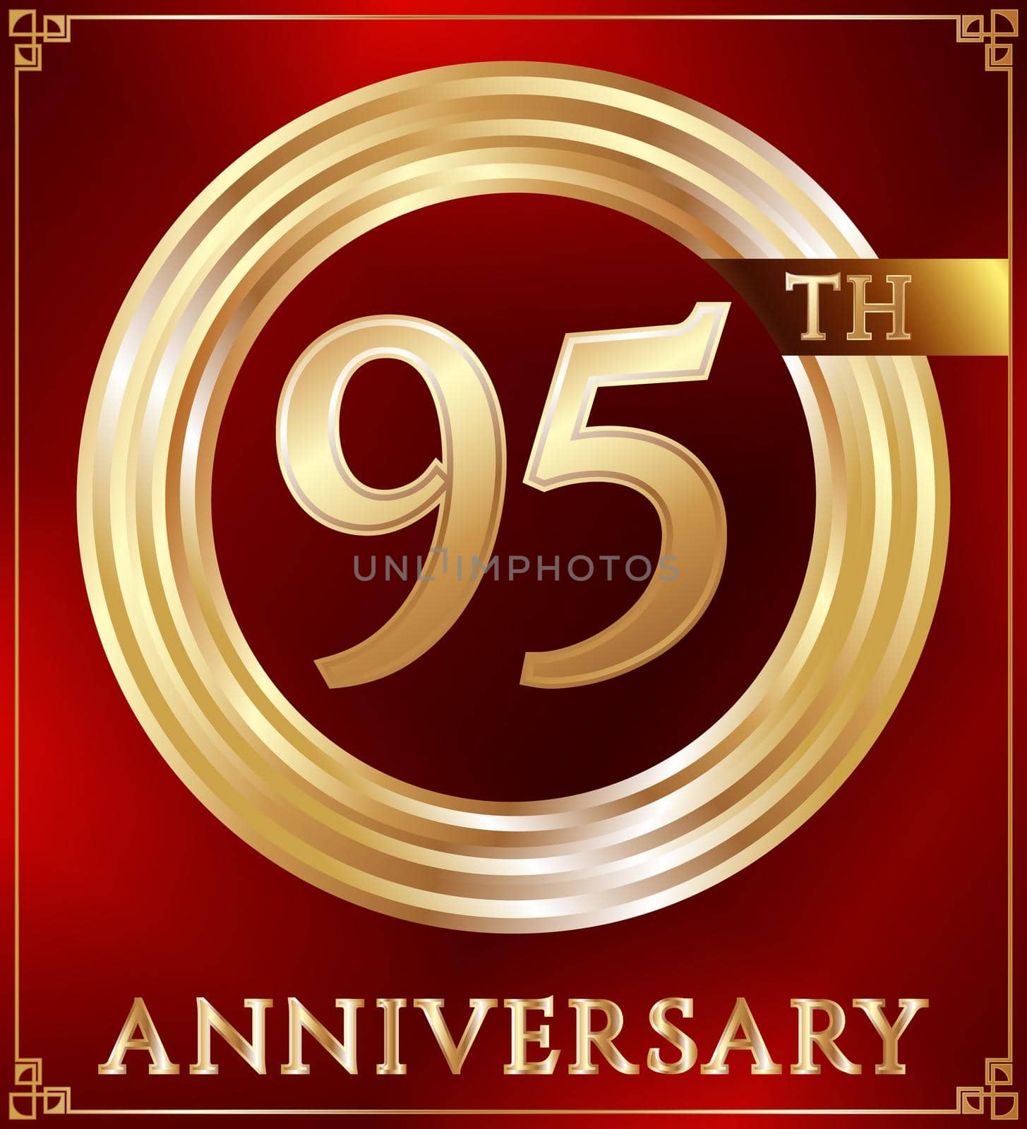 Anniversary gold ring logo number 95. Anniversary card. Red background. Vector illustration.