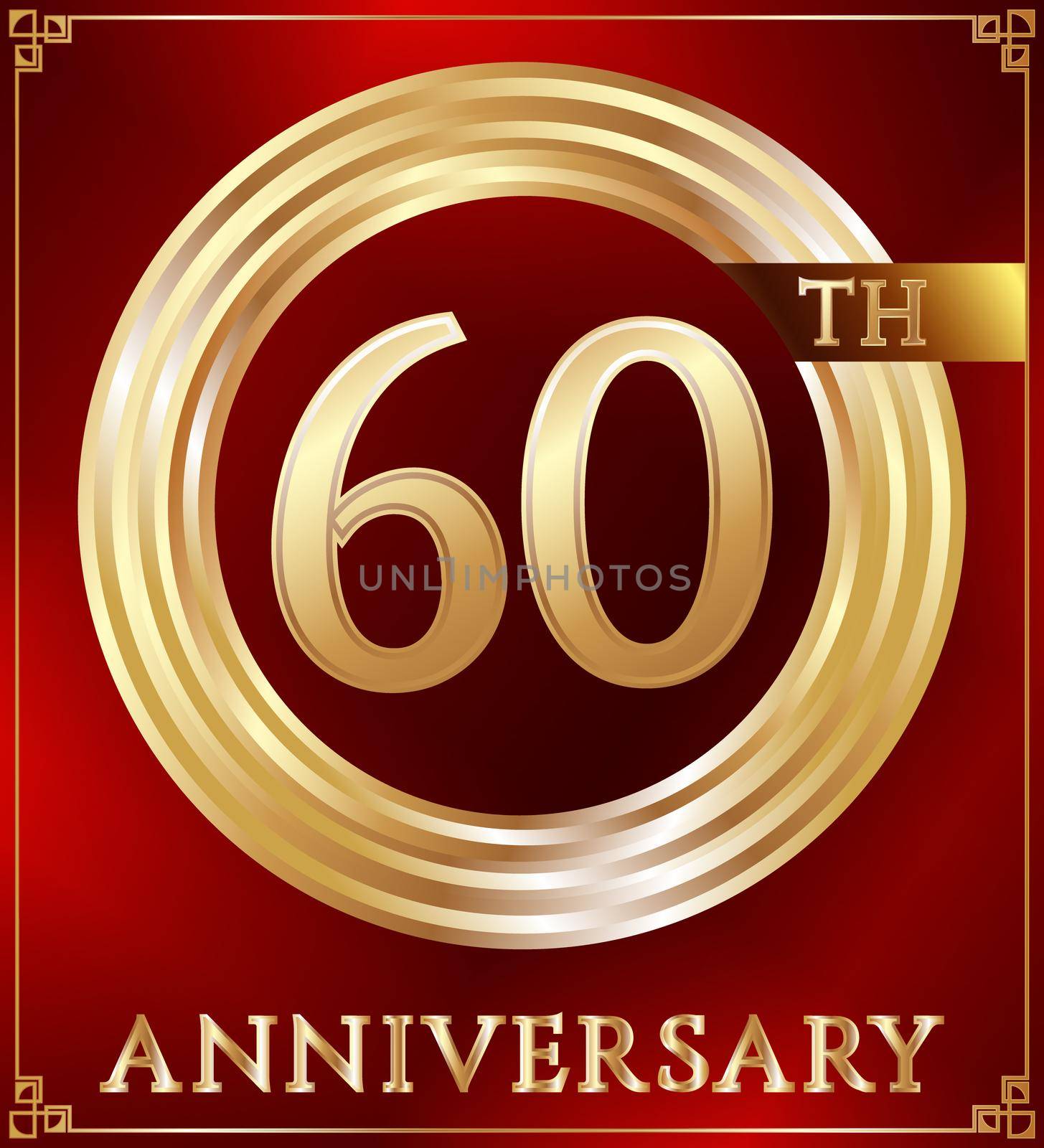 Anniversary gold ring logo number 60. Anniversary card. Red background. Vector illustration.