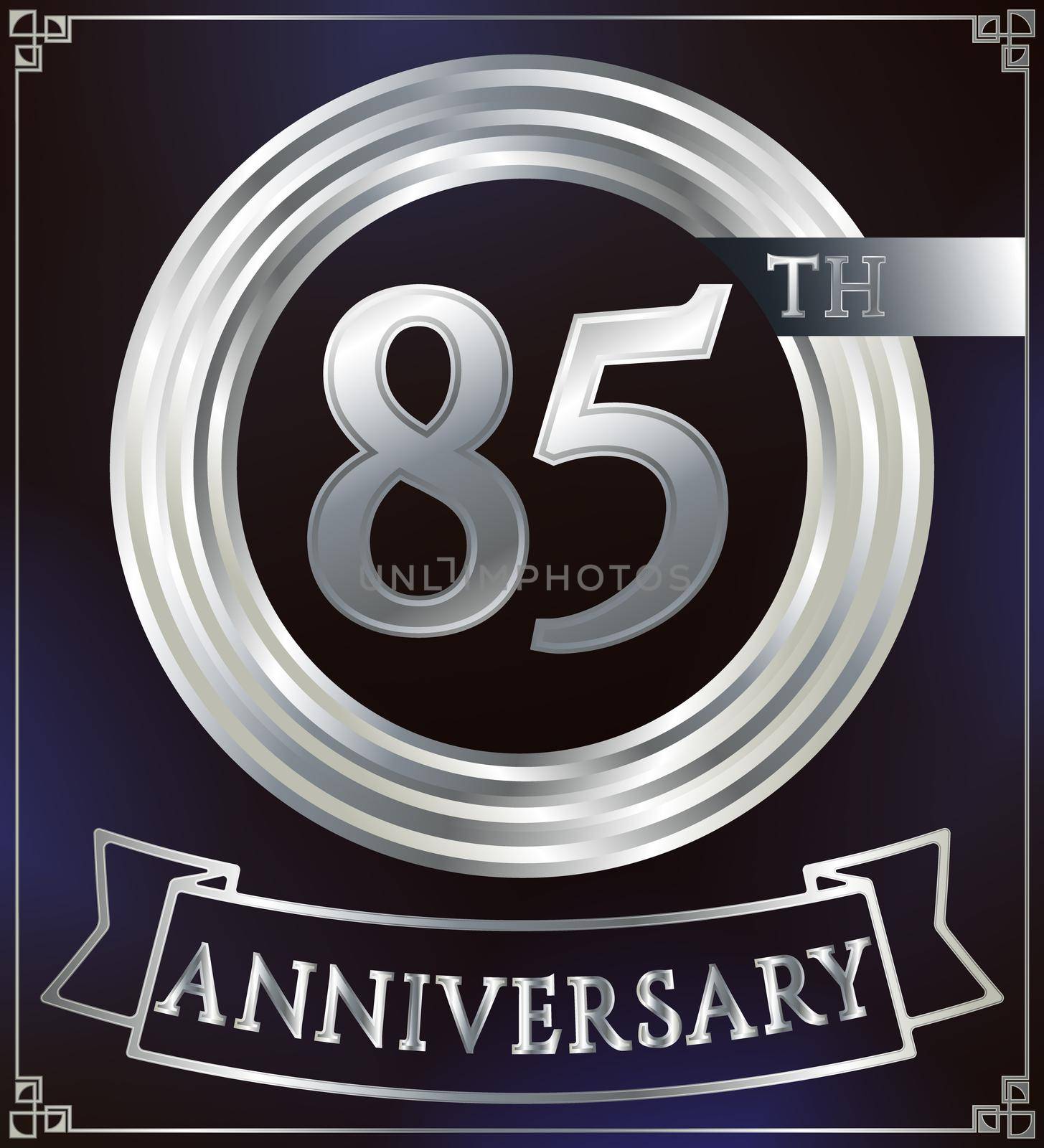 Anniversary silver ring logo number 85. Anniversary card with ribbon. Blue background. Vector illustration.