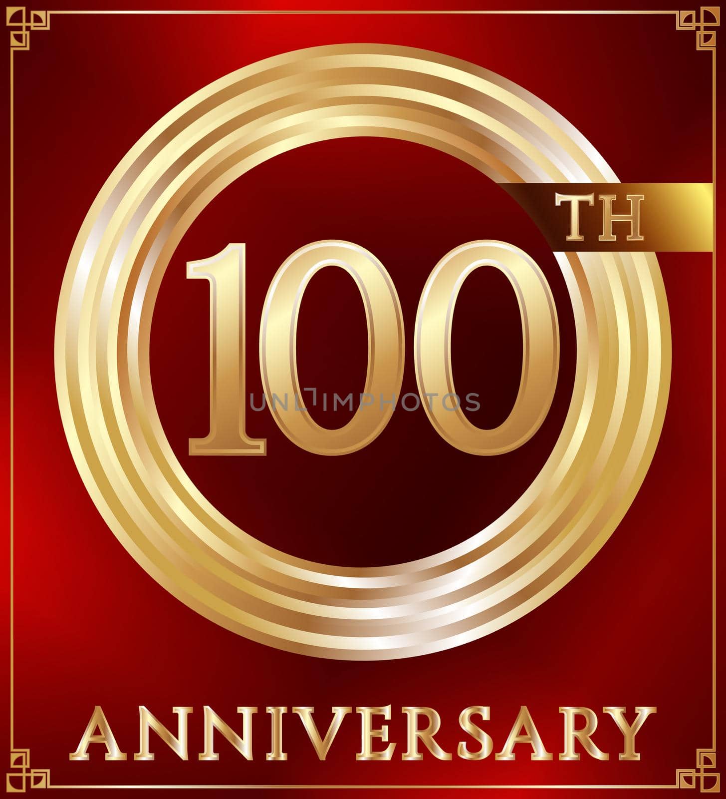 Anniversary gold ring logo number 100. Anniversary card. Red background. Vector illustration.
