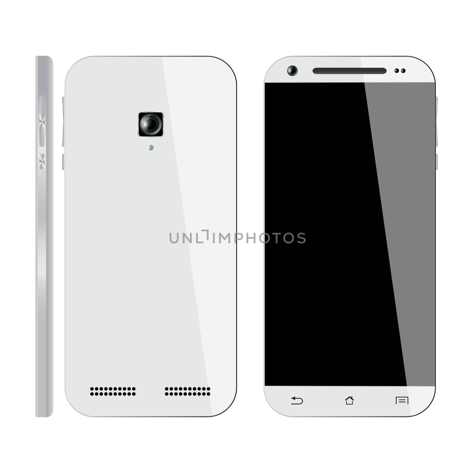 Realistic white Smartphone with blank screen, isolated on white background. Front, Back and Side view. Mockup design. Vector illustration.