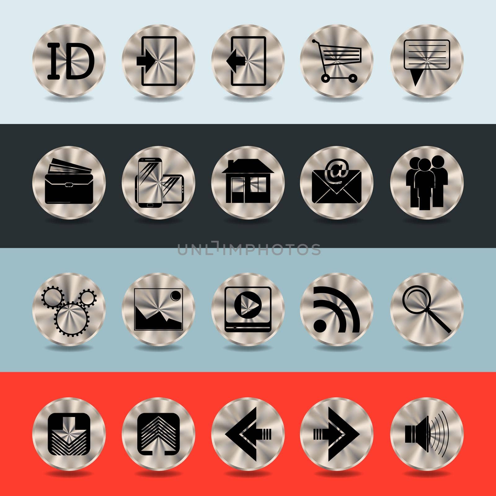 Set of Site Icons on the Metal Buttons. Vector design.