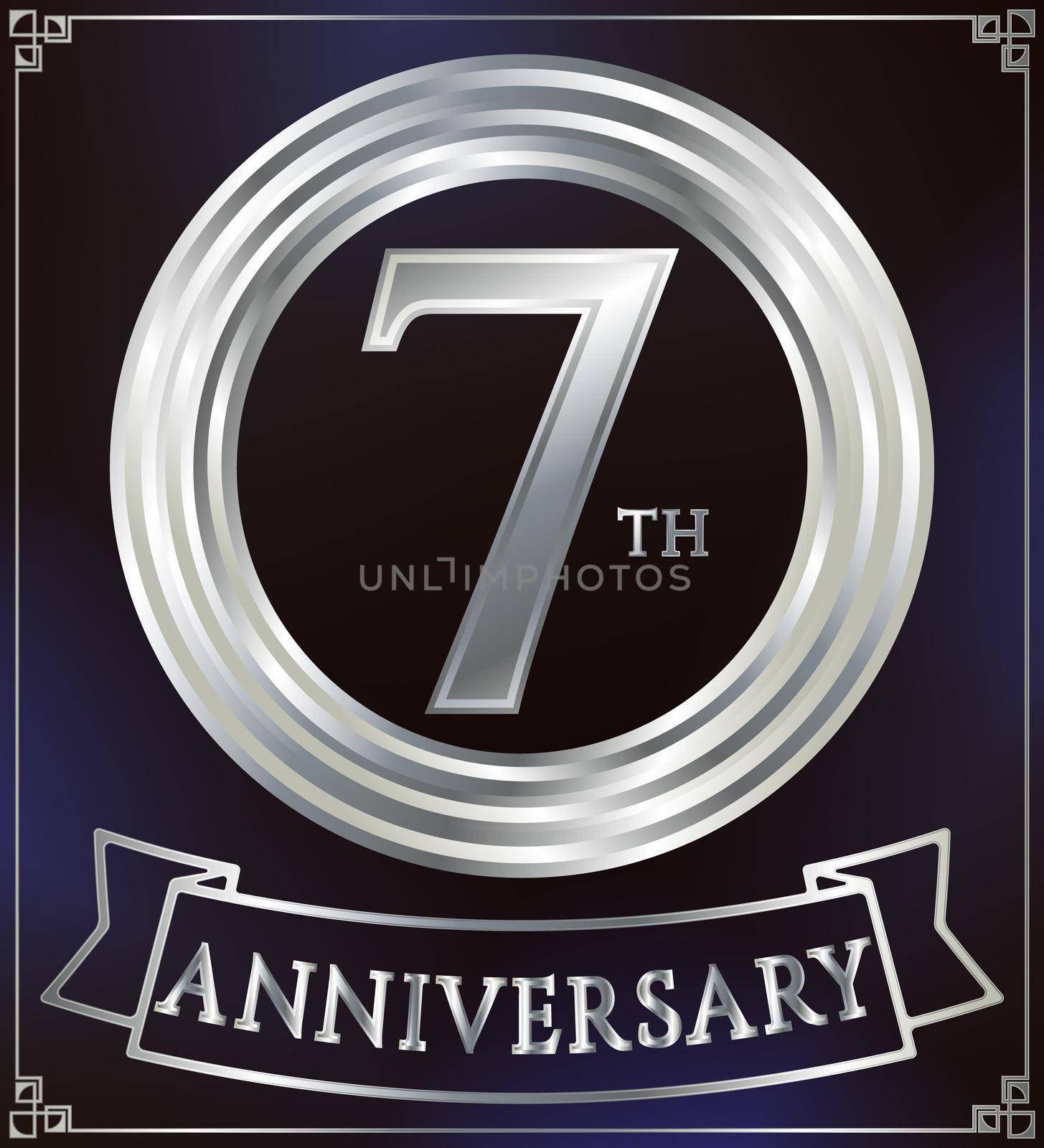 Anniversary silver ring logo number 7. Anniversary card with ribbon. Blue background. Vector illustration.