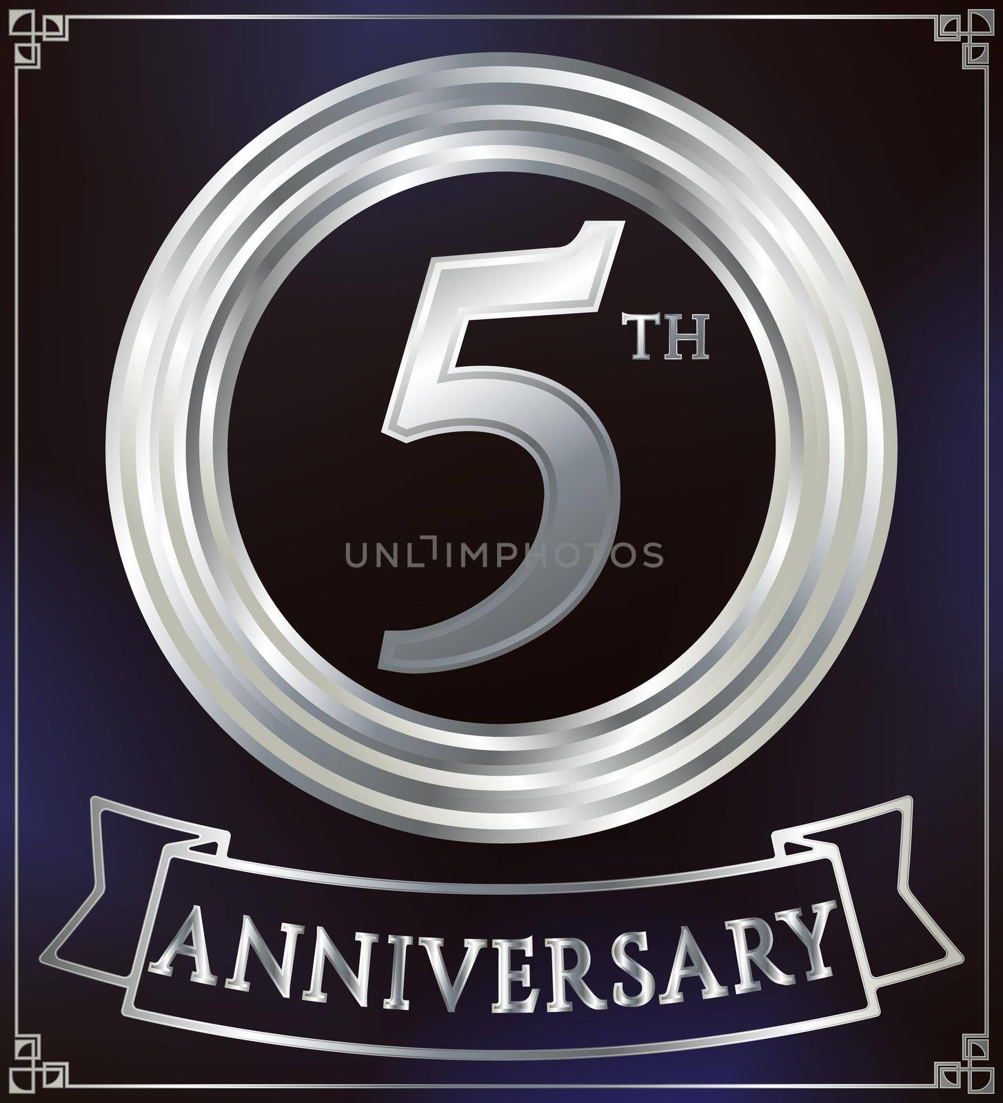 Anniversary silver ring logo number 5. Anniversary card with ribbon. Blue background. Vector illustration.