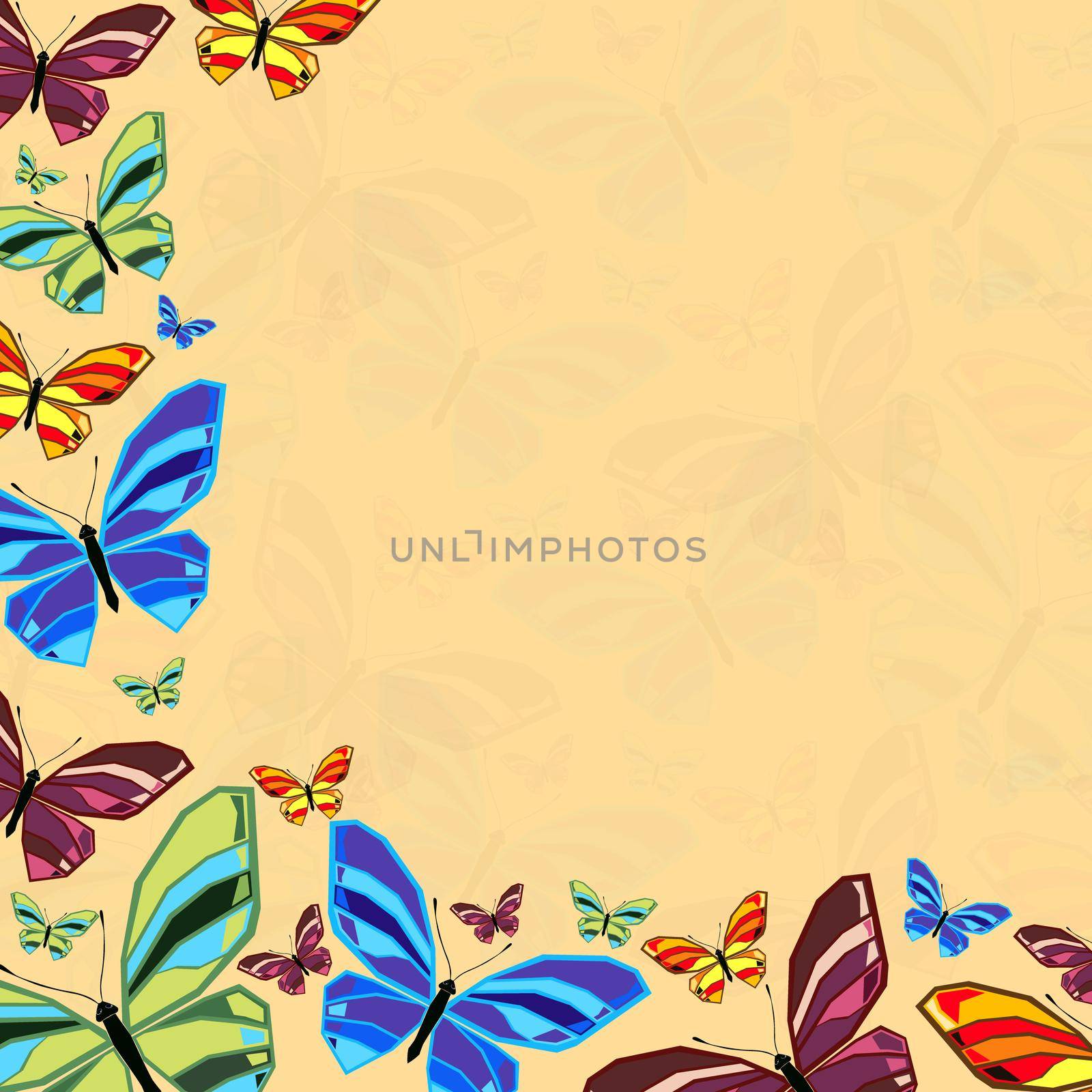 Postcard with abstract images of a butterfly. Colored vector illustration.
