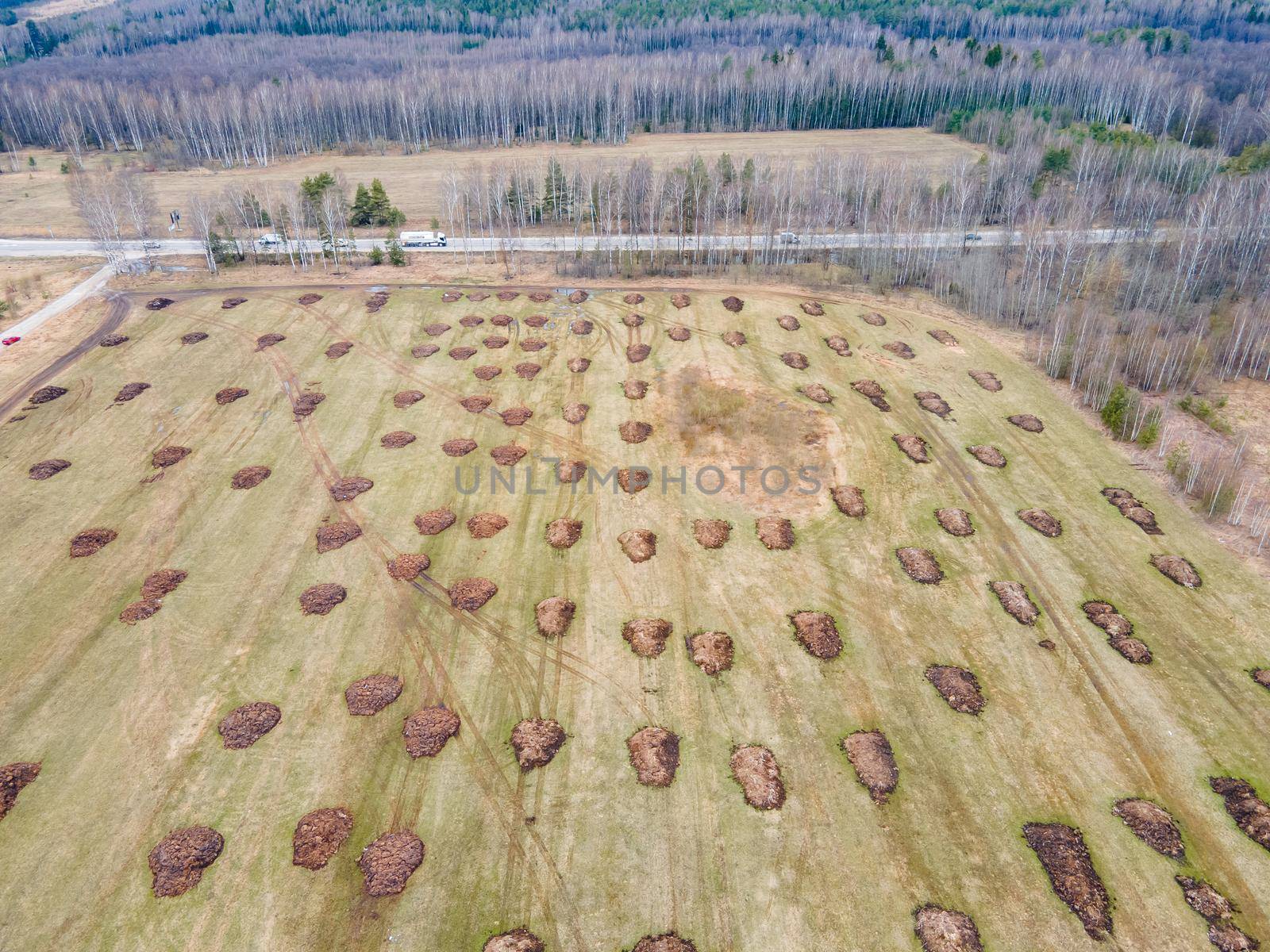 Manure heaps lie in even rows on a farm field, aerial photo. Application of organic fertilizers in spring and autumn. The concept of working in agriculture for doing business and making a profit.