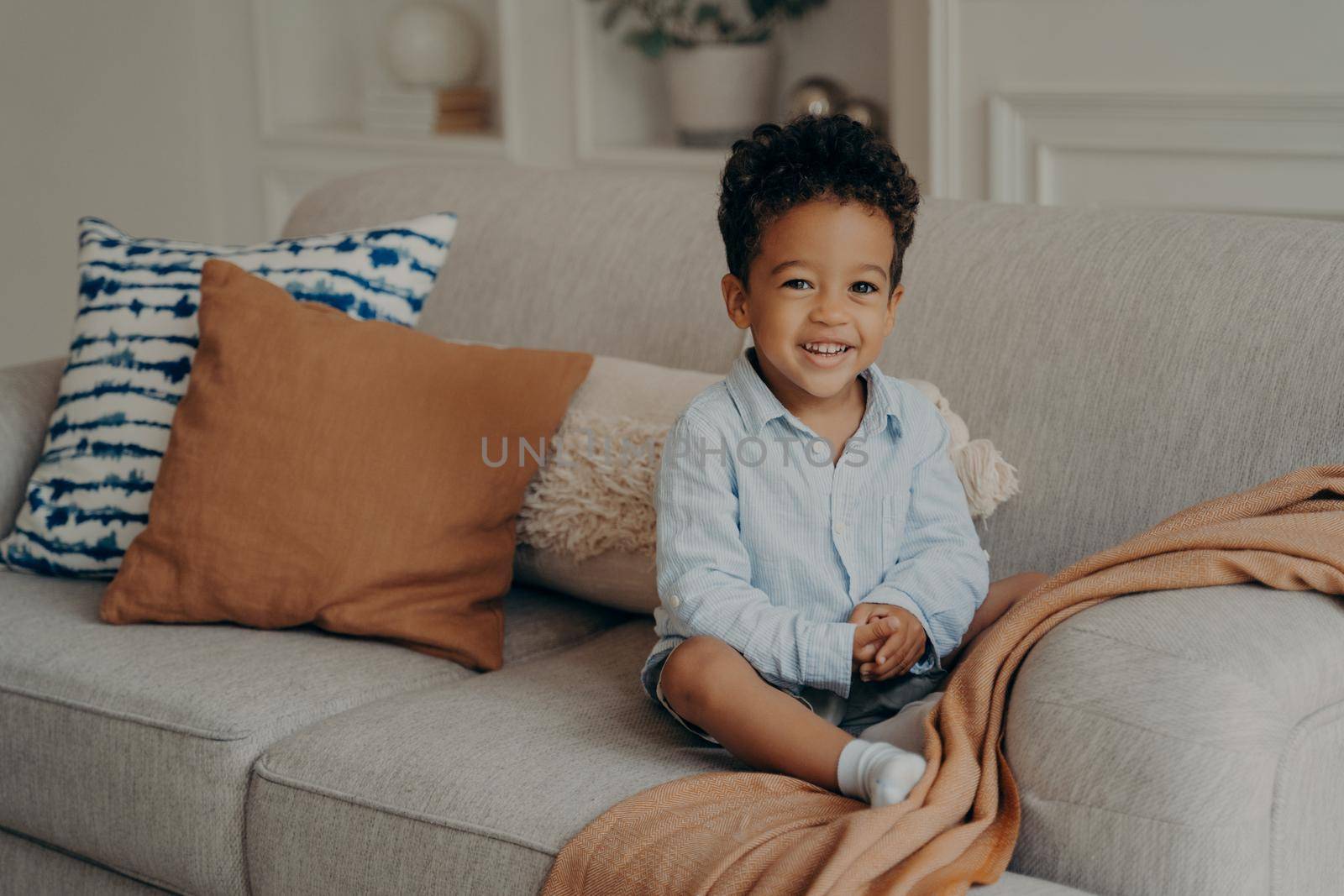 Little afro kid boy in casual clothes sitting on comfortable sofa with different colors pillows in living room ambience enjoying leisure moments at home. Cute toddler having fun and playing indoors