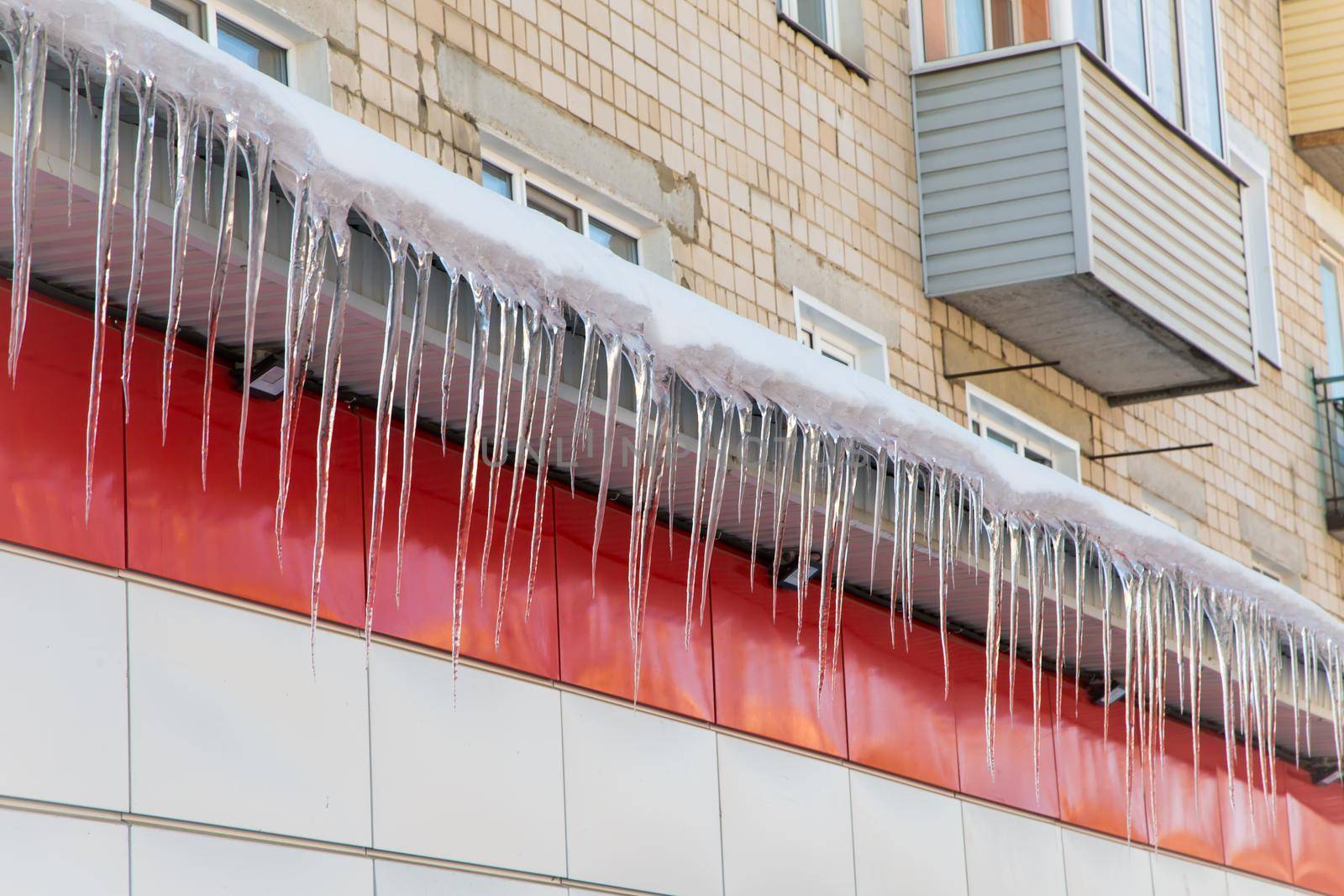 Long, even icicles hang from the roof against the backdrop of the house. The wall of the building is finished with red and white plastic tiles. Abnormal weather concept. New Year and Christmas is over