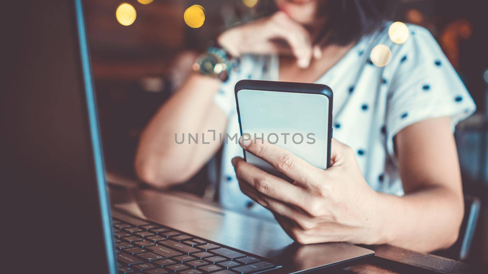  Woman use technology devices smartphone and laptop to work or study do connect communication business concept
