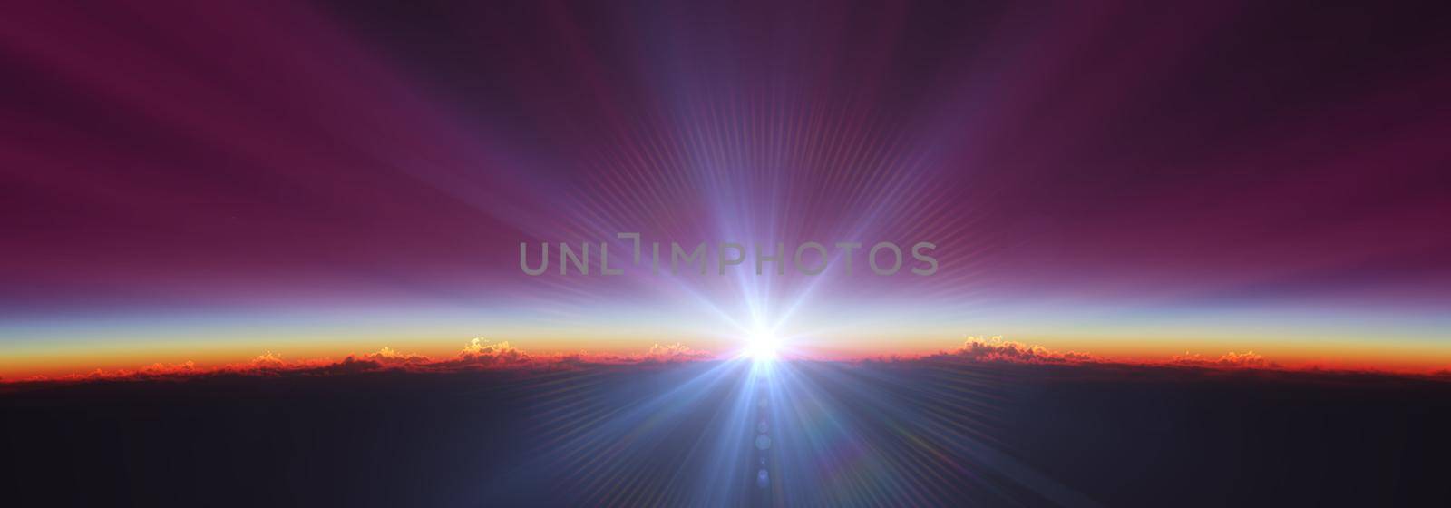 Earth sunrise from space over cloudy ocean. 3d rendering illustration