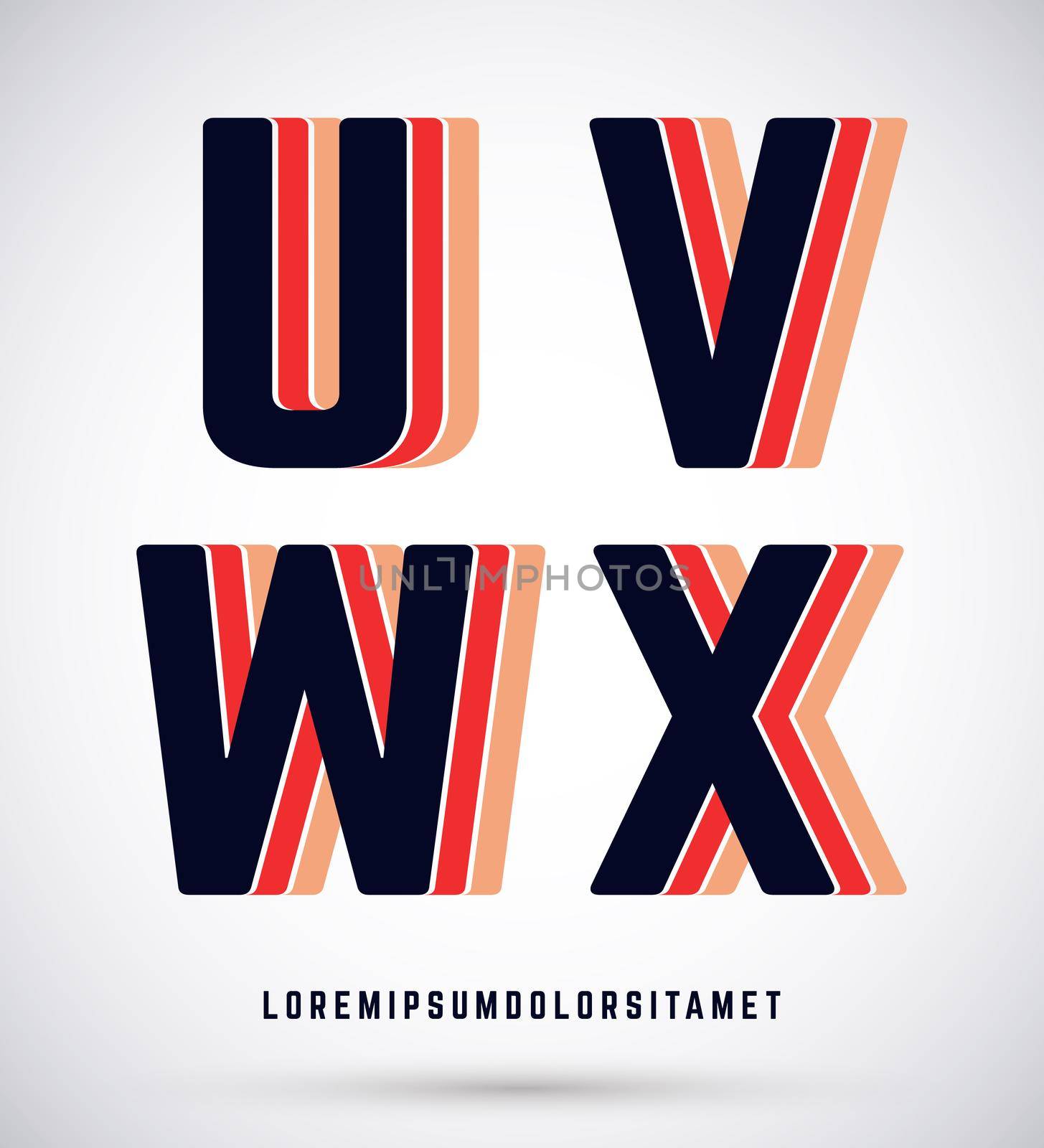 Set of typographic alphabet font template. Letters U, V, W, X logo or icon. Vector illustration.