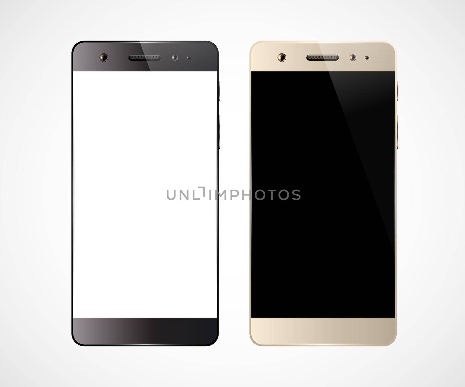 Two smartphones isolated on white background. Cell phone mockup design. Mobile phone with blank screen. Vector illustration.